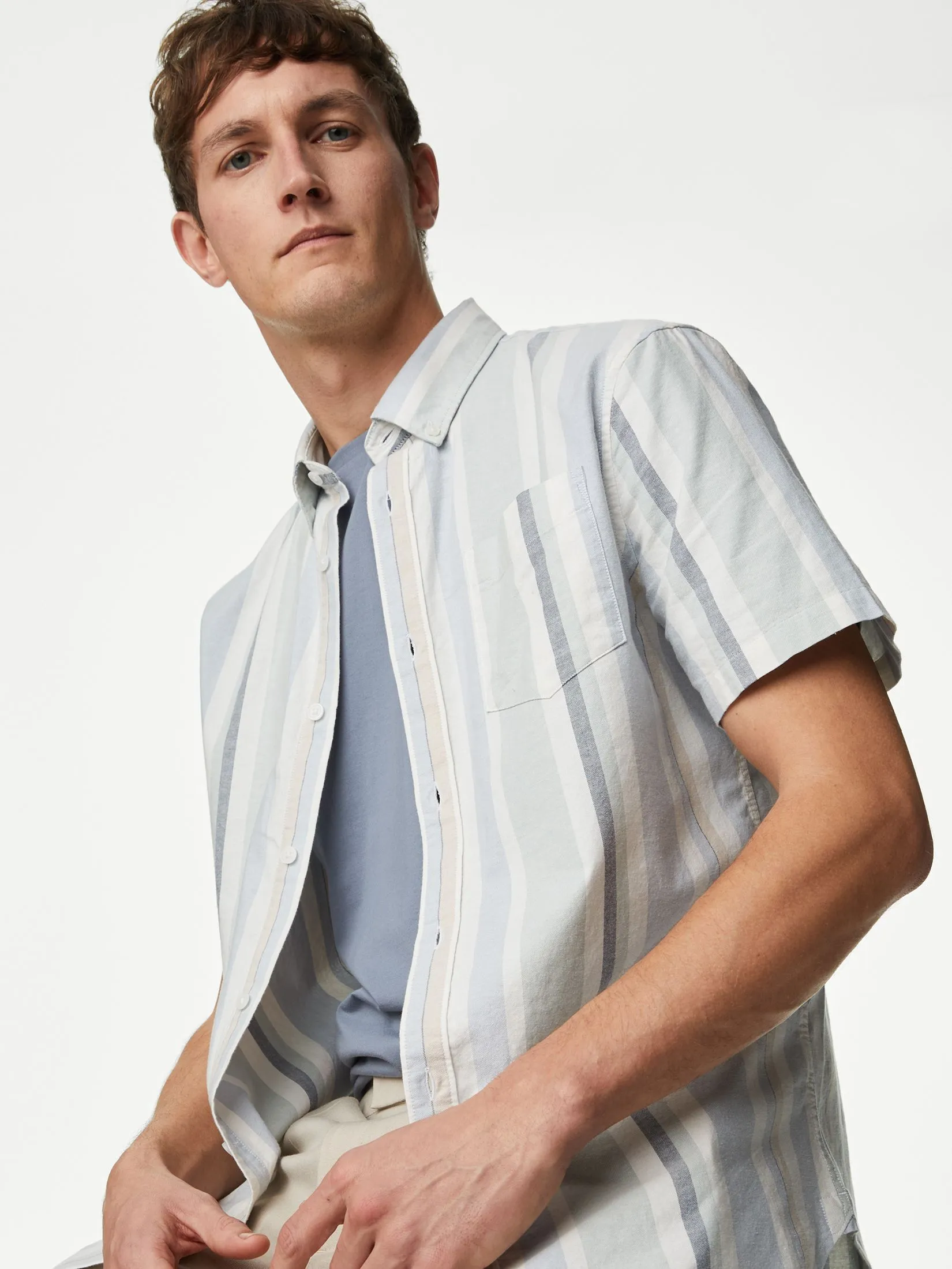 MARKS & SPENCER Men Shirt Short Sleeves Pure Cotton Striped Oxford Print E7_Light Blue Mix