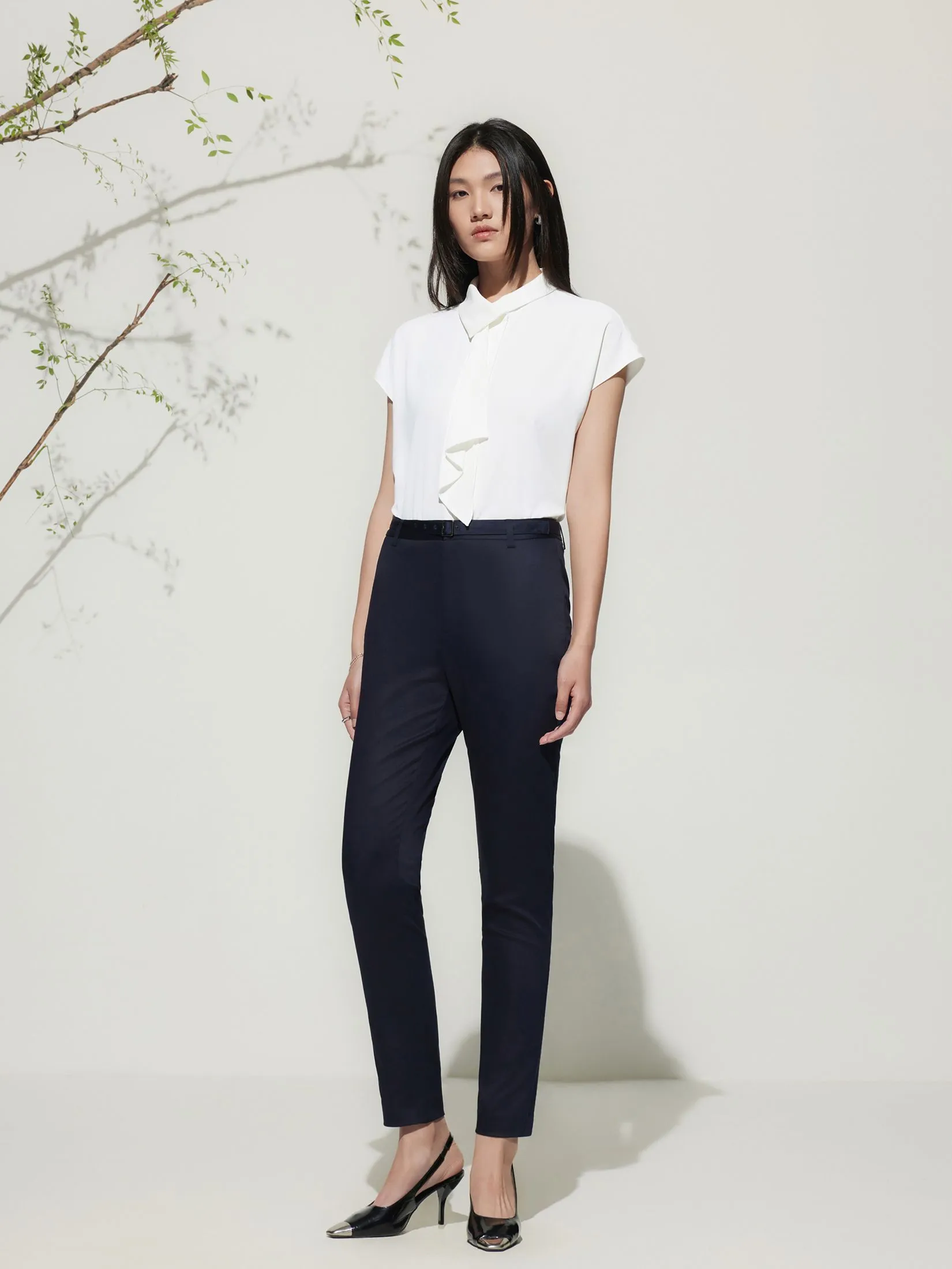 G2000 Women Clothing Cotton Blend Ankle Skinny Casual Pants With Belt Ankle Skinny Shape - Navy