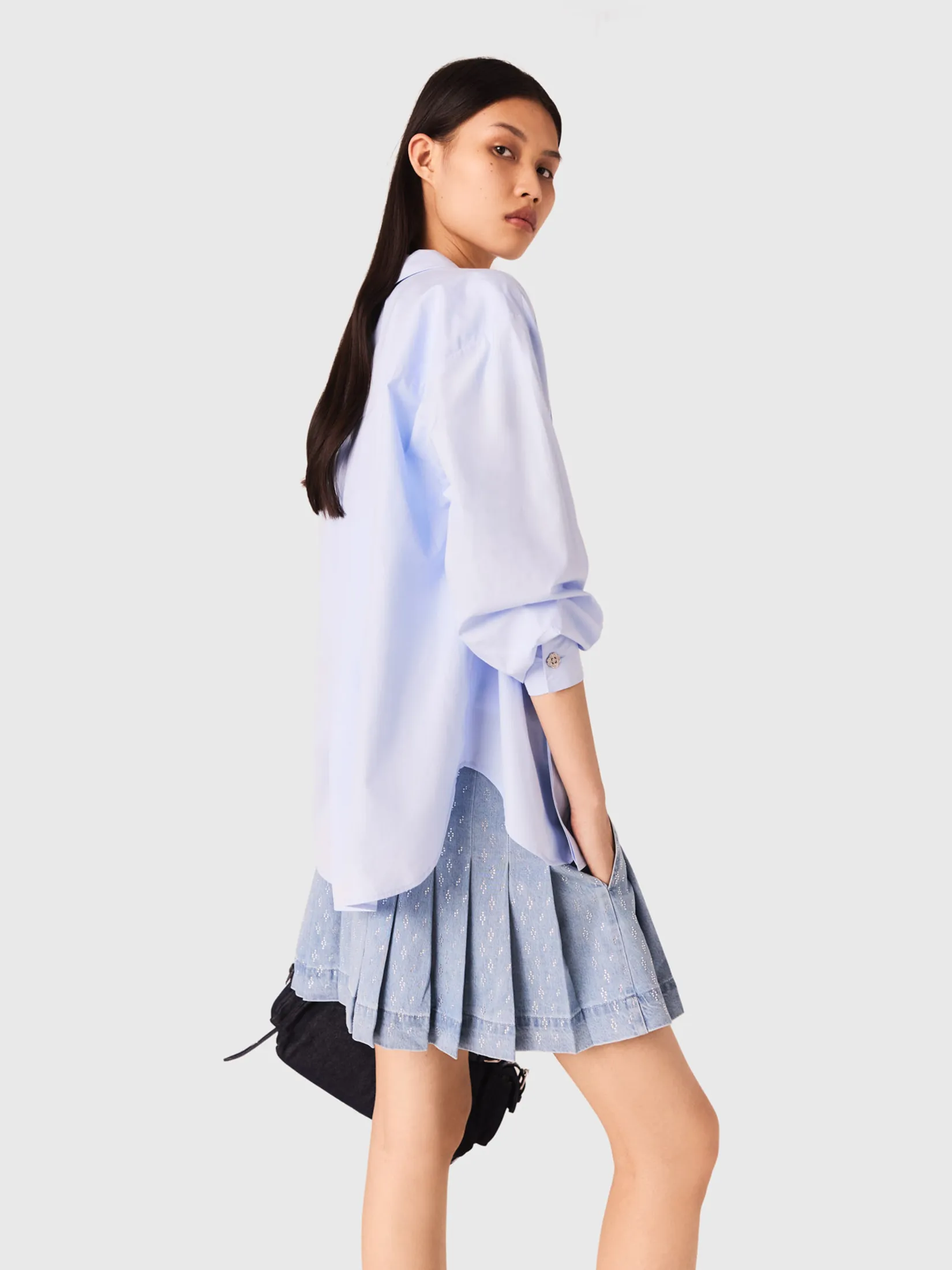 MAJE Women Denim Skirt Rhinestone Pleated