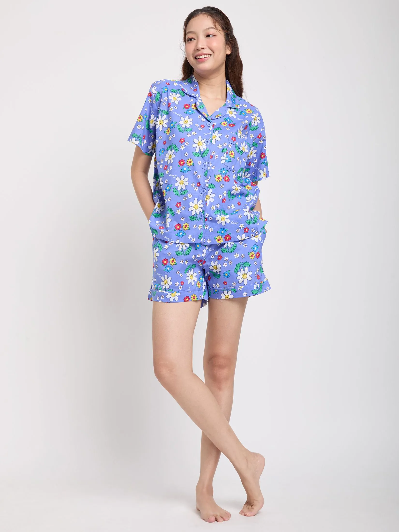 SWEET SENSATIONS Women Pyjamas Hawaii Shirt Short Sleeves + Shorts Print Navy