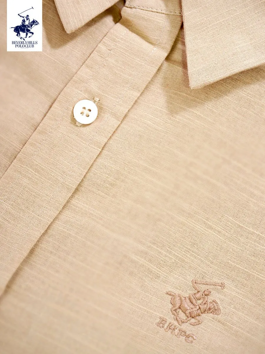 BEVERLY HILLS POLO CLUB Men Cotton Linen Relax Fit Shirt Long Sleeve, Light Brown