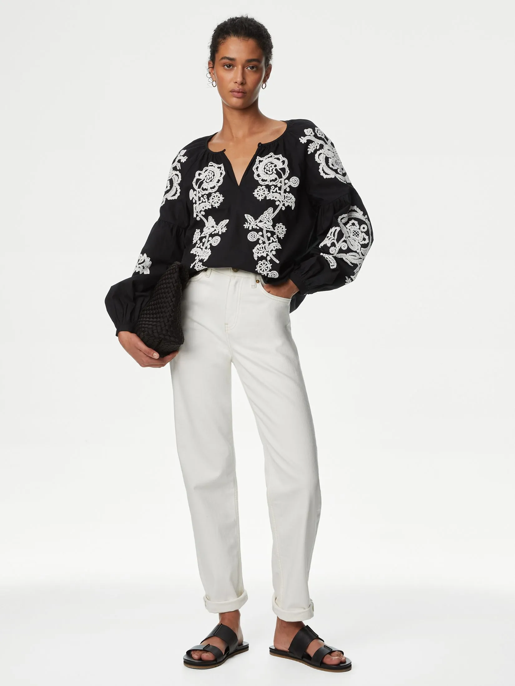 MARKS & SPENCER Women Blouse Pure Cotton Embroidered Puff Sleeve Black