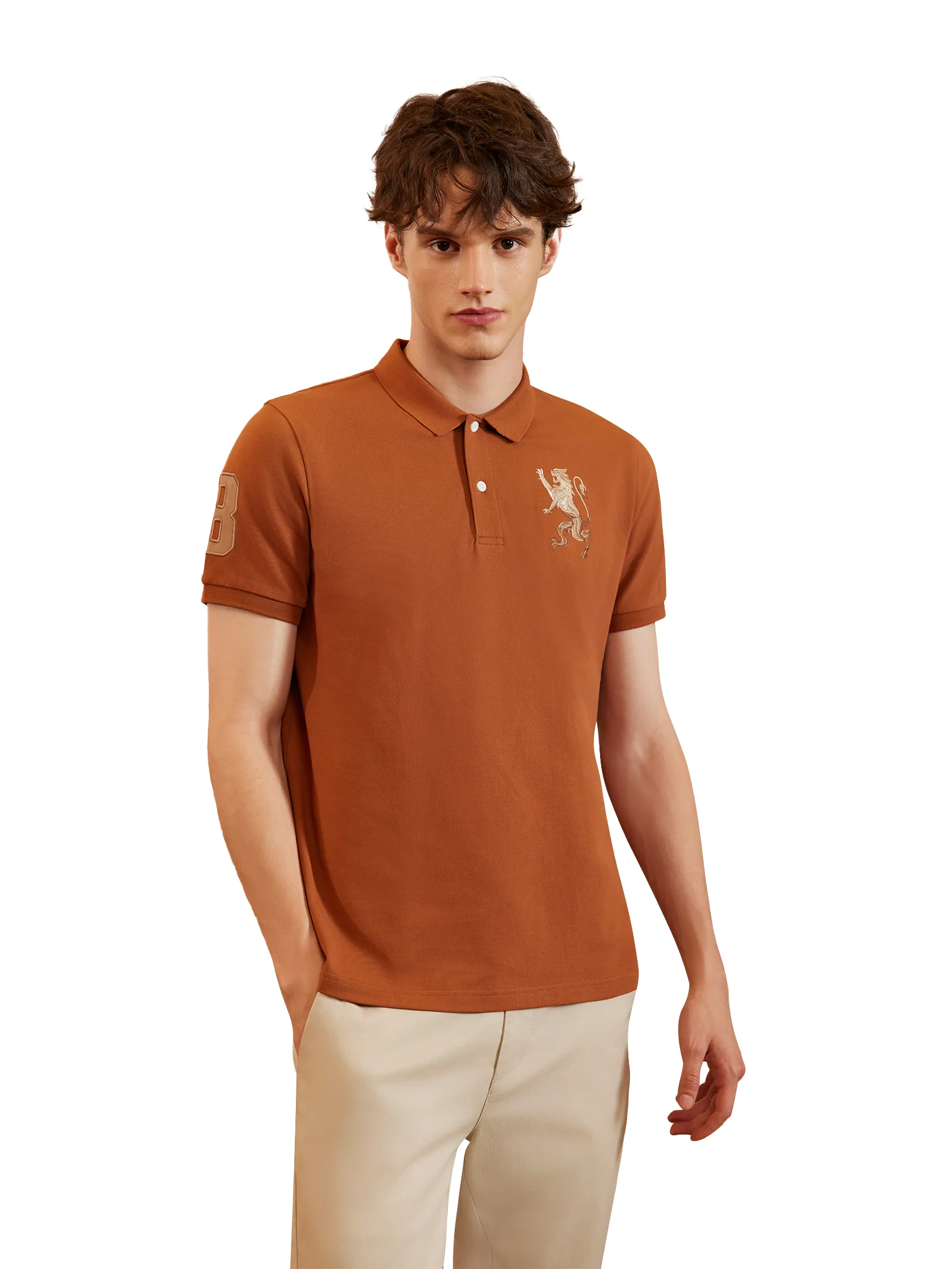 GIORDANO Men's Lycra Pique Embroidery Polo (3D Lion) Mocha bisque brown