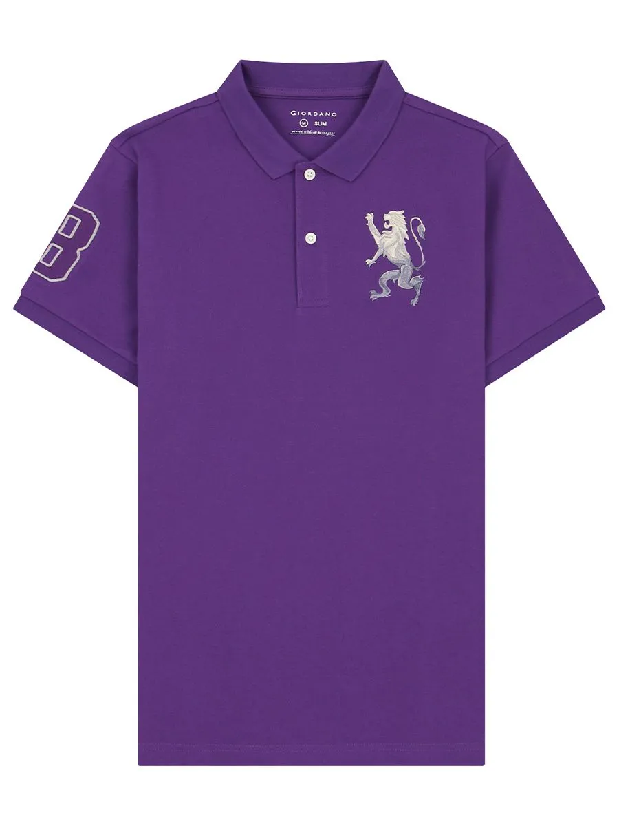 GIORDANO Men's Lycra Pique Embroidery Polo (3D Lion) Plum Purple Size - M