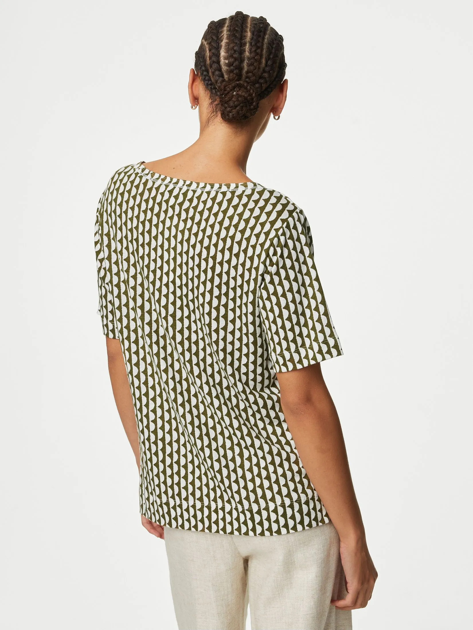 MARKS & SPENCER Women Top V-Neck Linen Blend Printed Khaki Mix