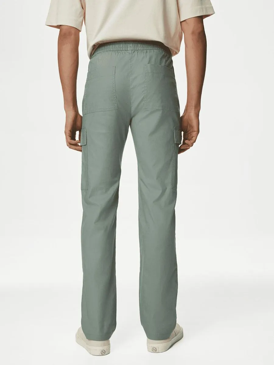 MARKS & SPENCER Men Cargo Trousers Linen Rich Elasticated Waist B8_Sage