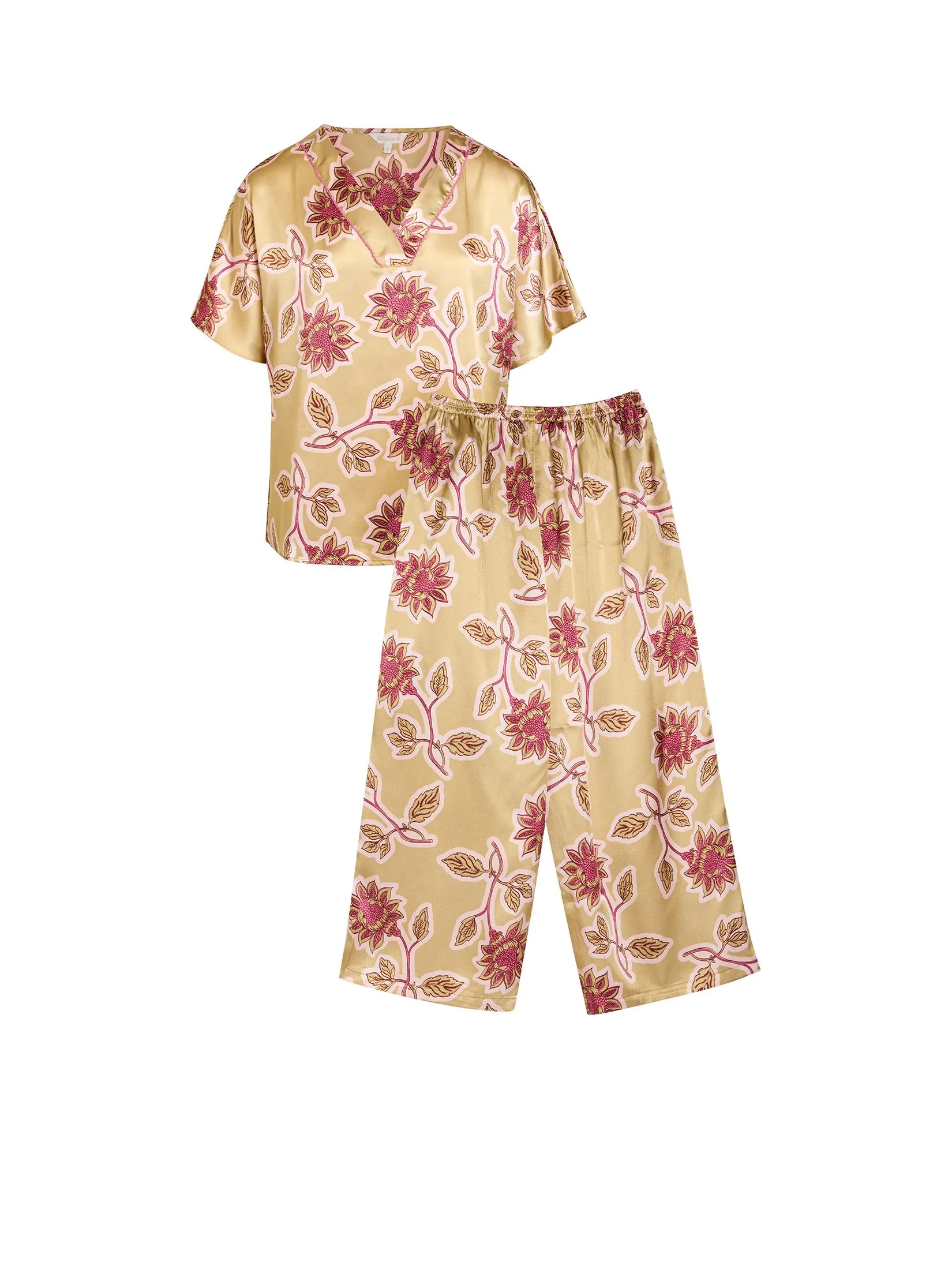 ELIZABETH Women Pyjamas Short Sleeves Blouse + Cropped Pants Gold