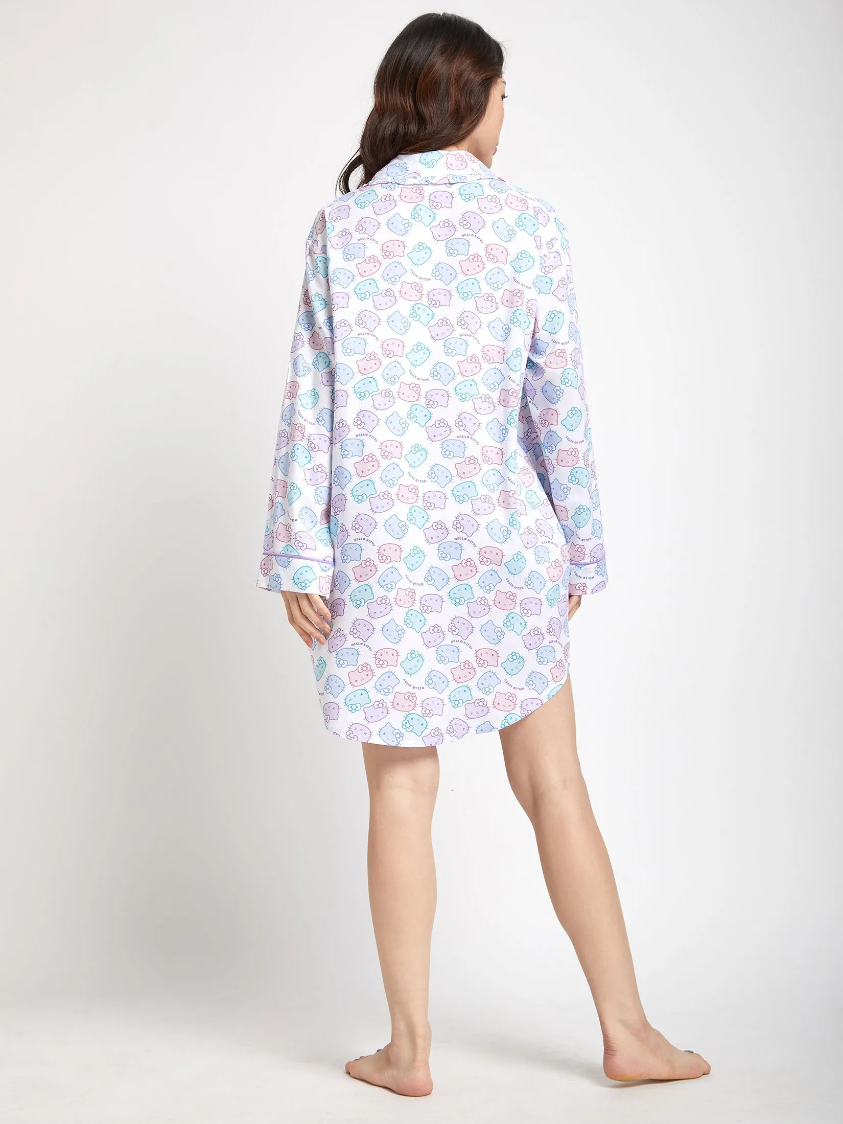 SANRIO Women Pyjamas Dress Collar Neck Long Sleeves Rainbow Face Hello Kitty Off White