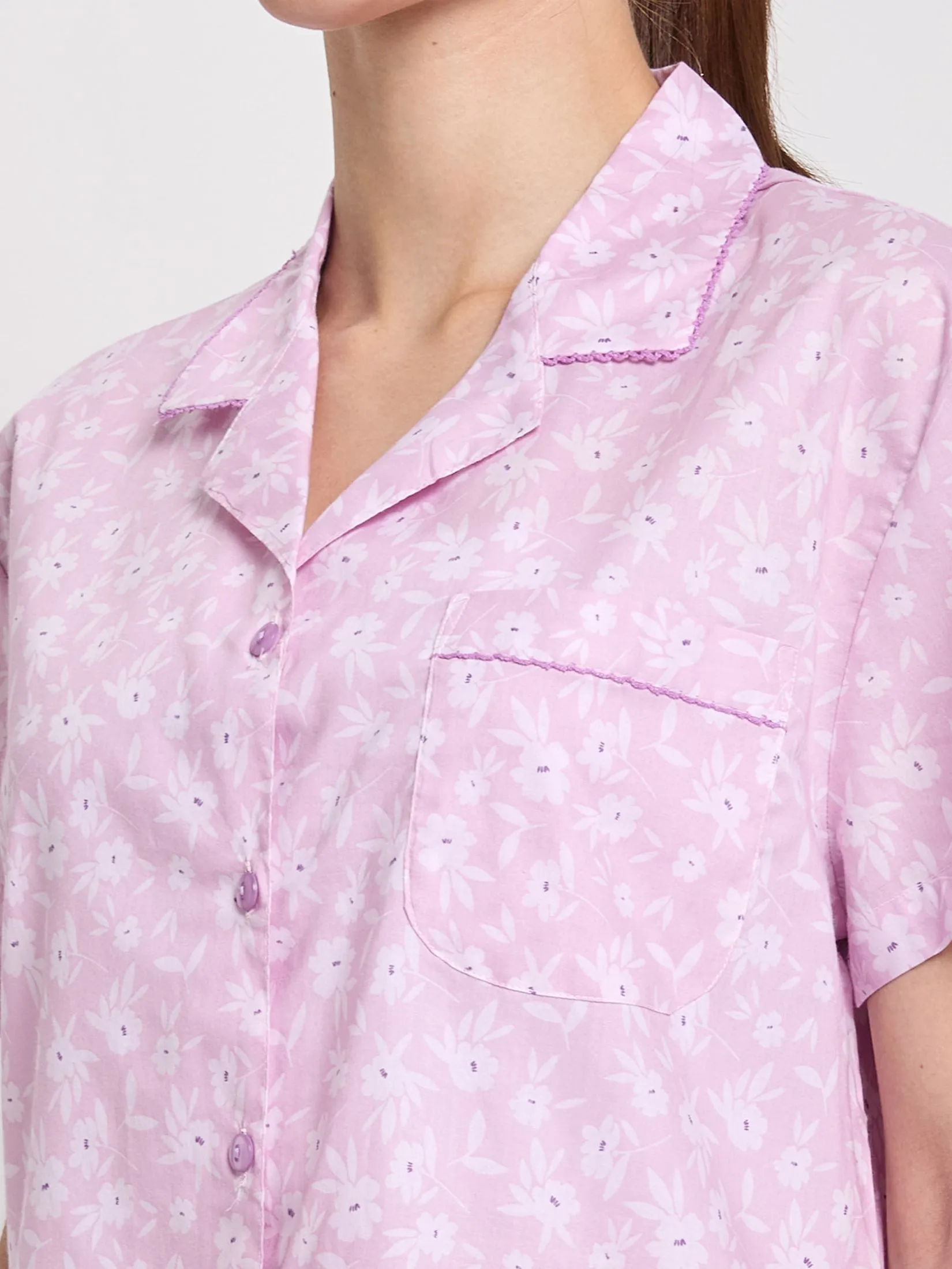 CLAUDIA'S ROMANCE Women Pyjamas Hawaii Shirt Short Sleeves + Cropped Print Floral Print Pink