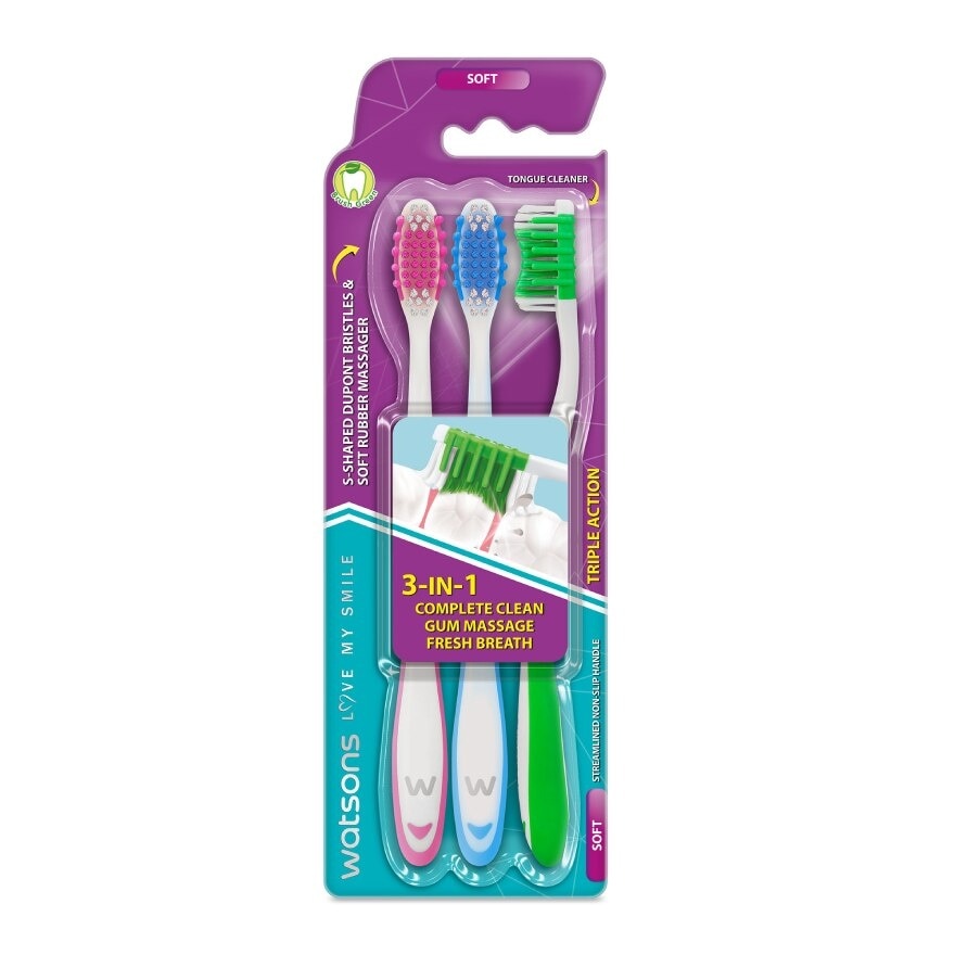 Watsons Triple Action Toothbrush (Soft) 3s.