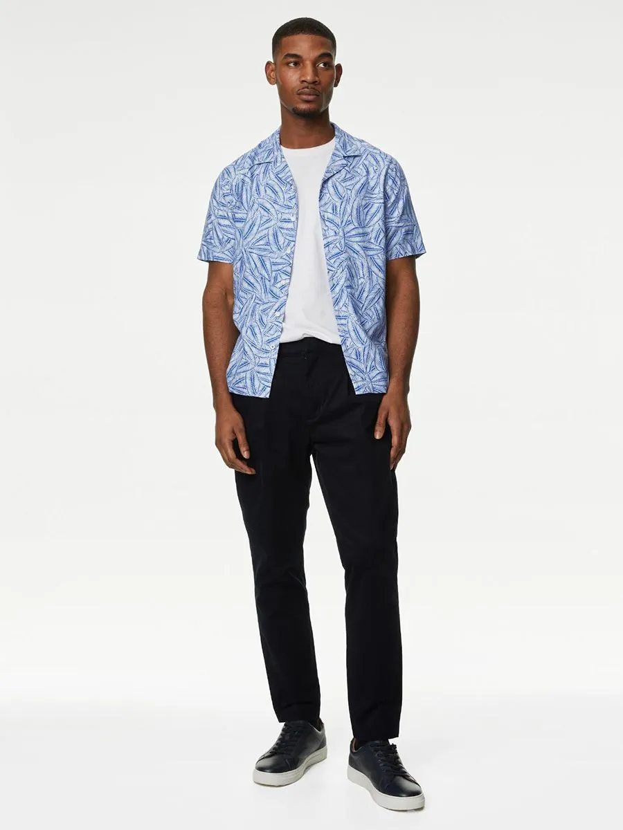 MARKS & SPENCER Men Shirt Short Sleeves Easy Iron Linen Blend Hawaiian Printed Blue Mix