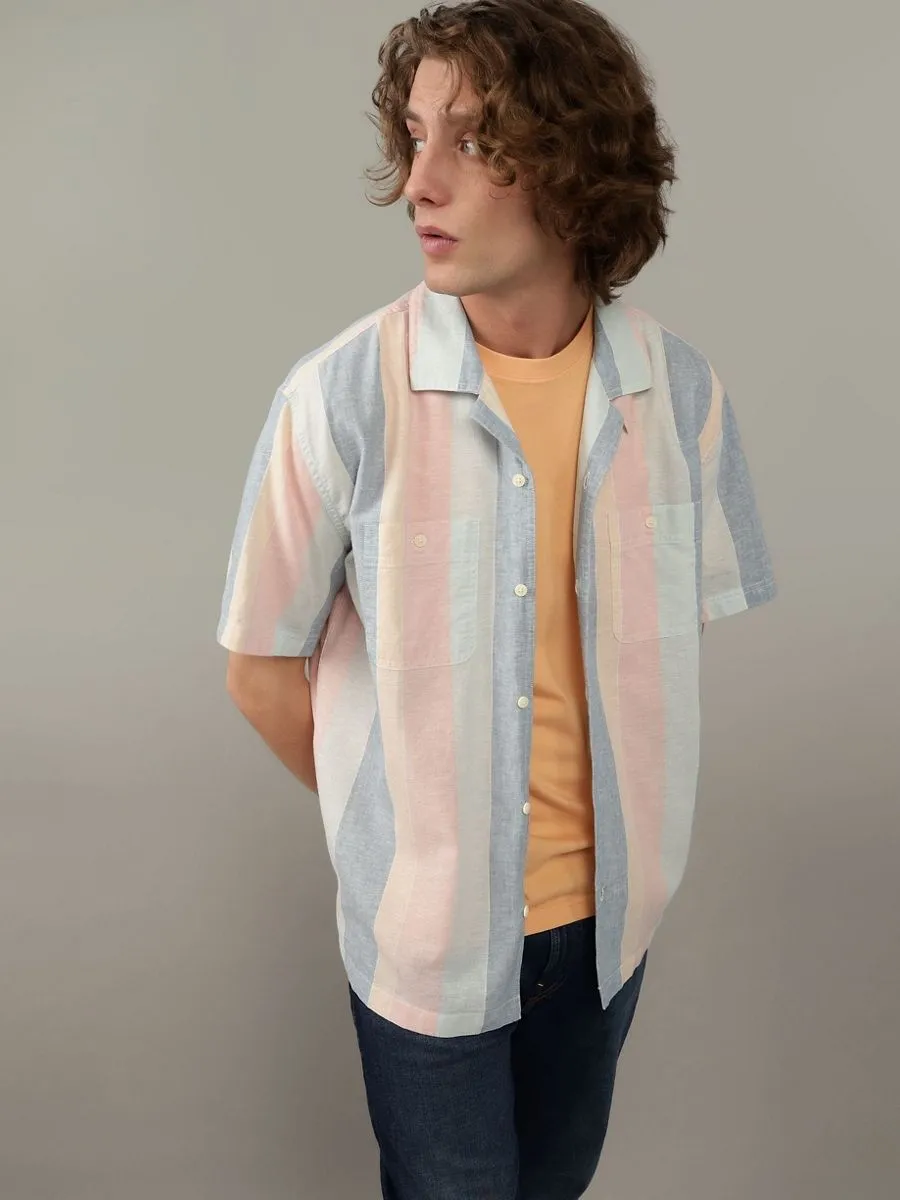 AMERICAN EAGLE MEN TAO STRIPE SS OVERSIZED CAMP COLLAR 2 PKT CURTIS LINEN SHIRT 900 MULTI