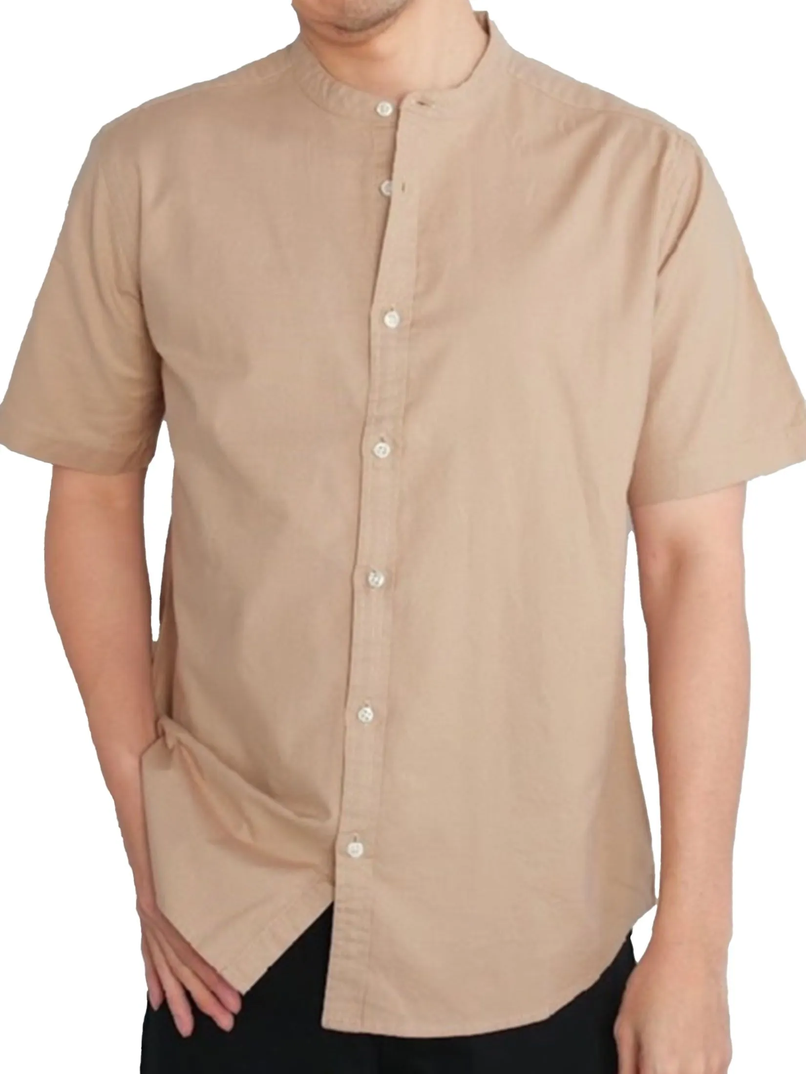 ERA-WON Men's Oxford Shirt Short Sleeve Comfort Fit Mandarin collar Beige