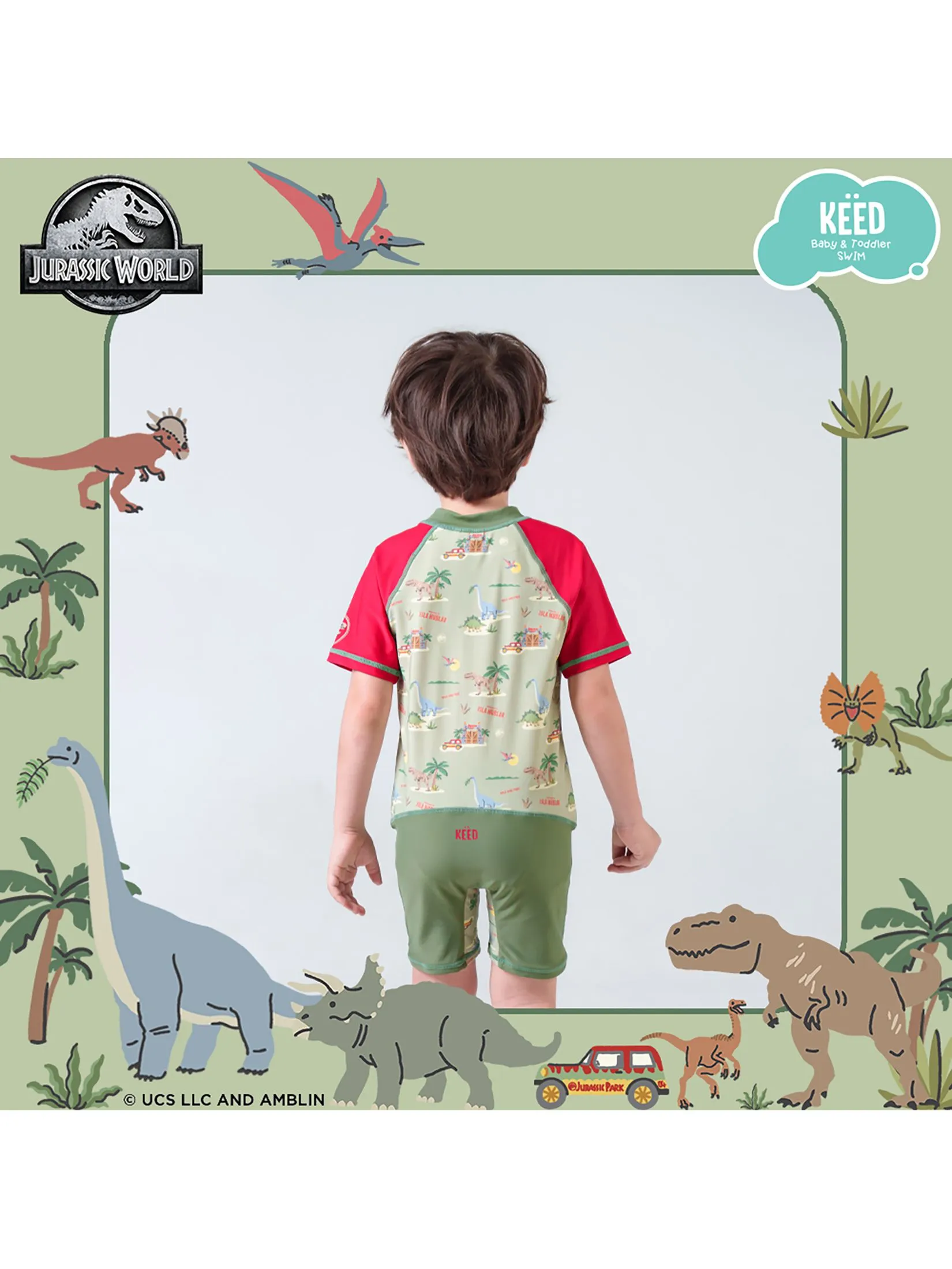KEED Boy Swimsuit Short Sleeves Jurassic World Khaki Green