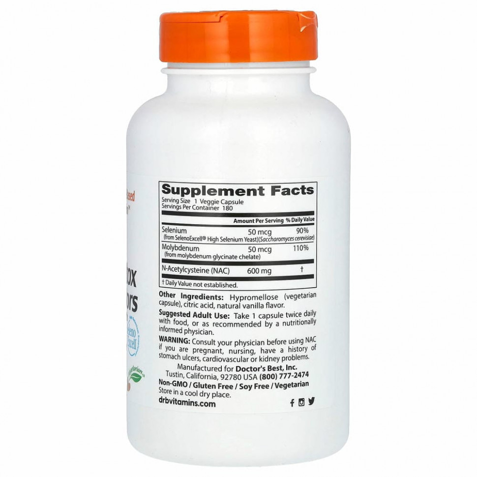 Doctor's Best, N-ацетилцистеин (NAC) для регуляции процесса детоксикации, 180 растительных капсул