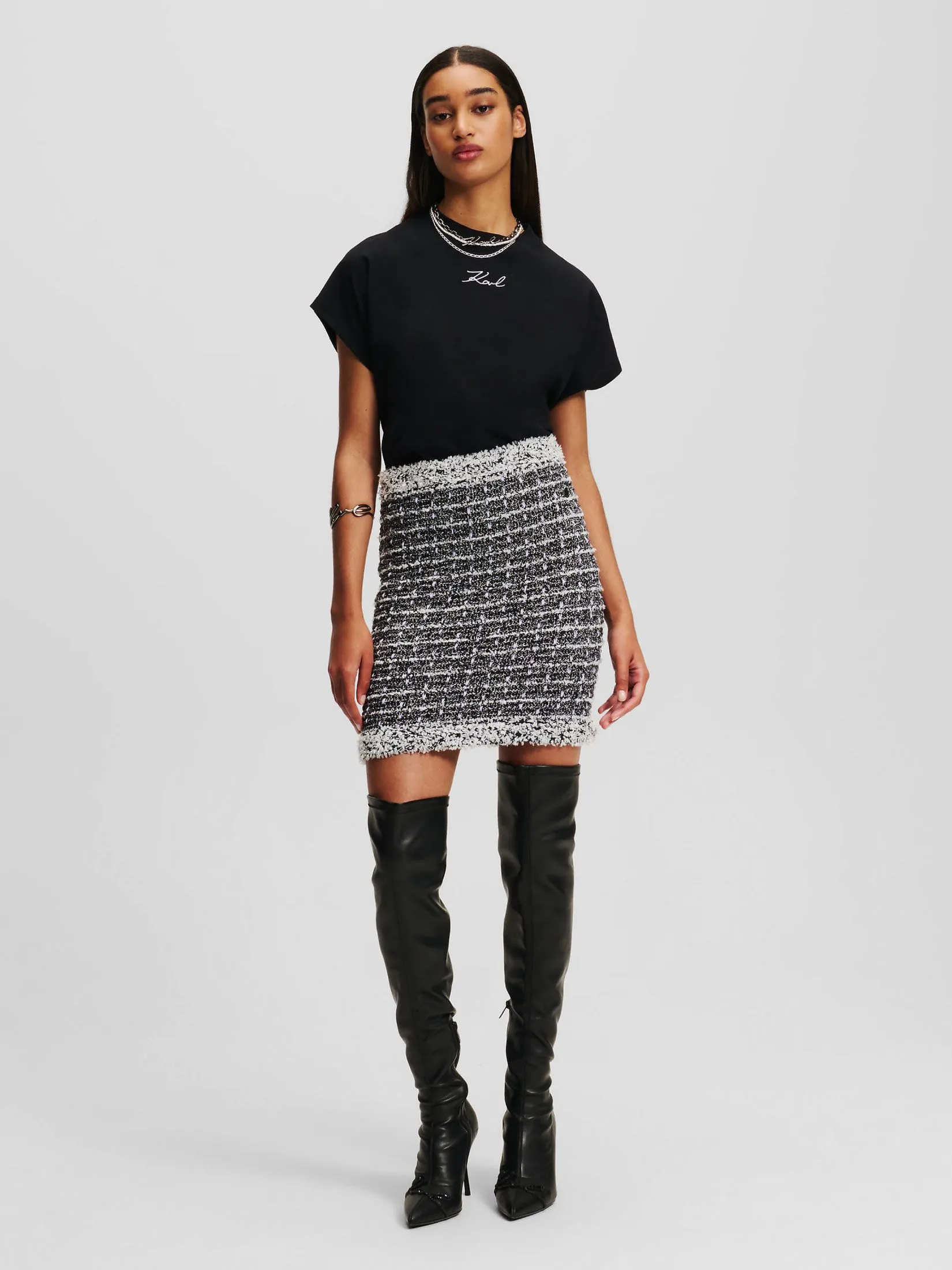 KARL LAGERFELD BOUCLE KNIT SKIRT BLACK/WHITE/SWEET LAVENDER