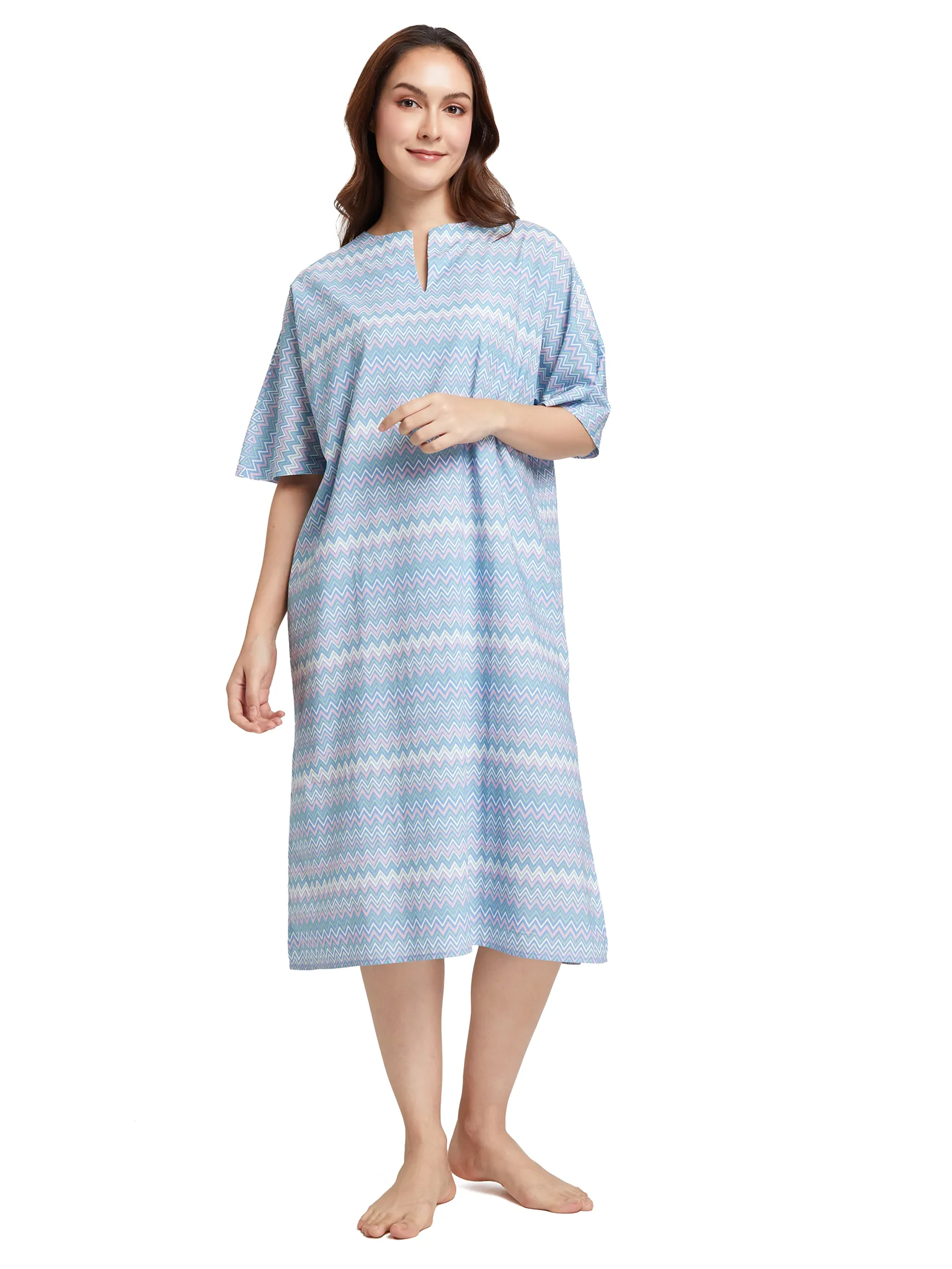 ELIZABETH Women Night Dress Short Sleeves Round Neck Stripe Print Multi-Color