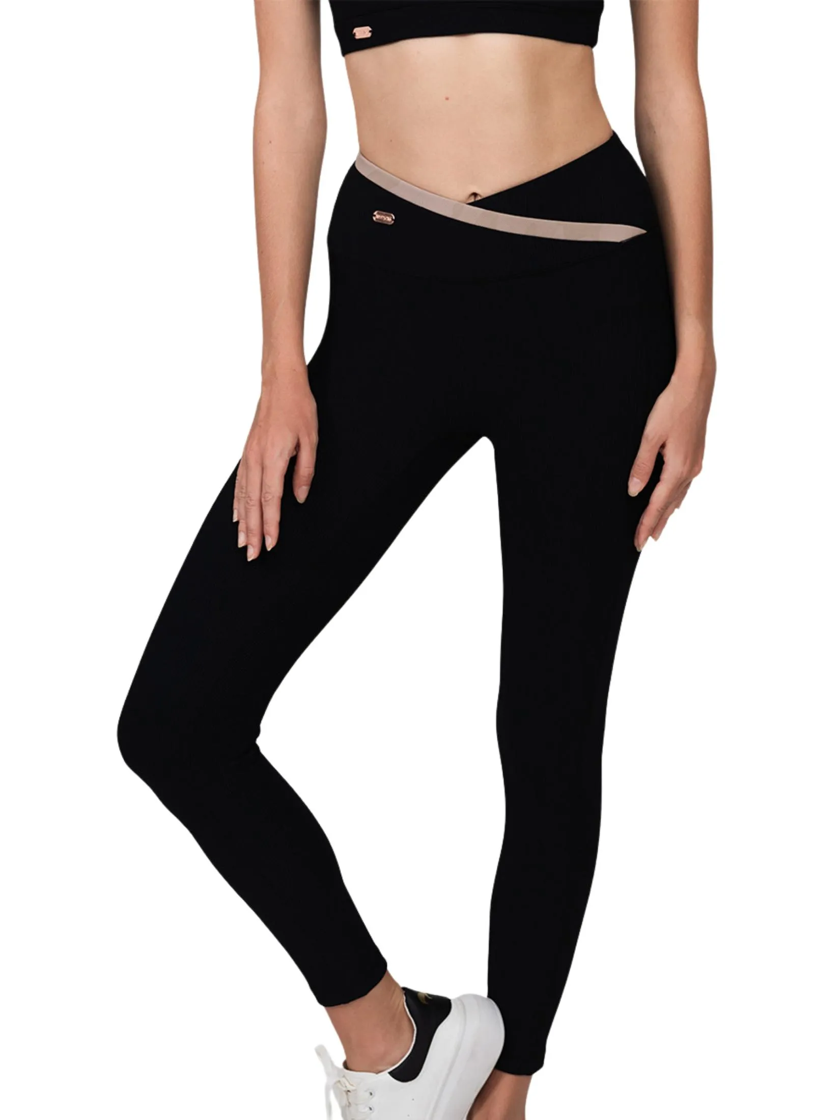 NAPIYONG WOMEN BETTY 2-TONE RIBBED LEGGINGS IN BLACK-GOLD