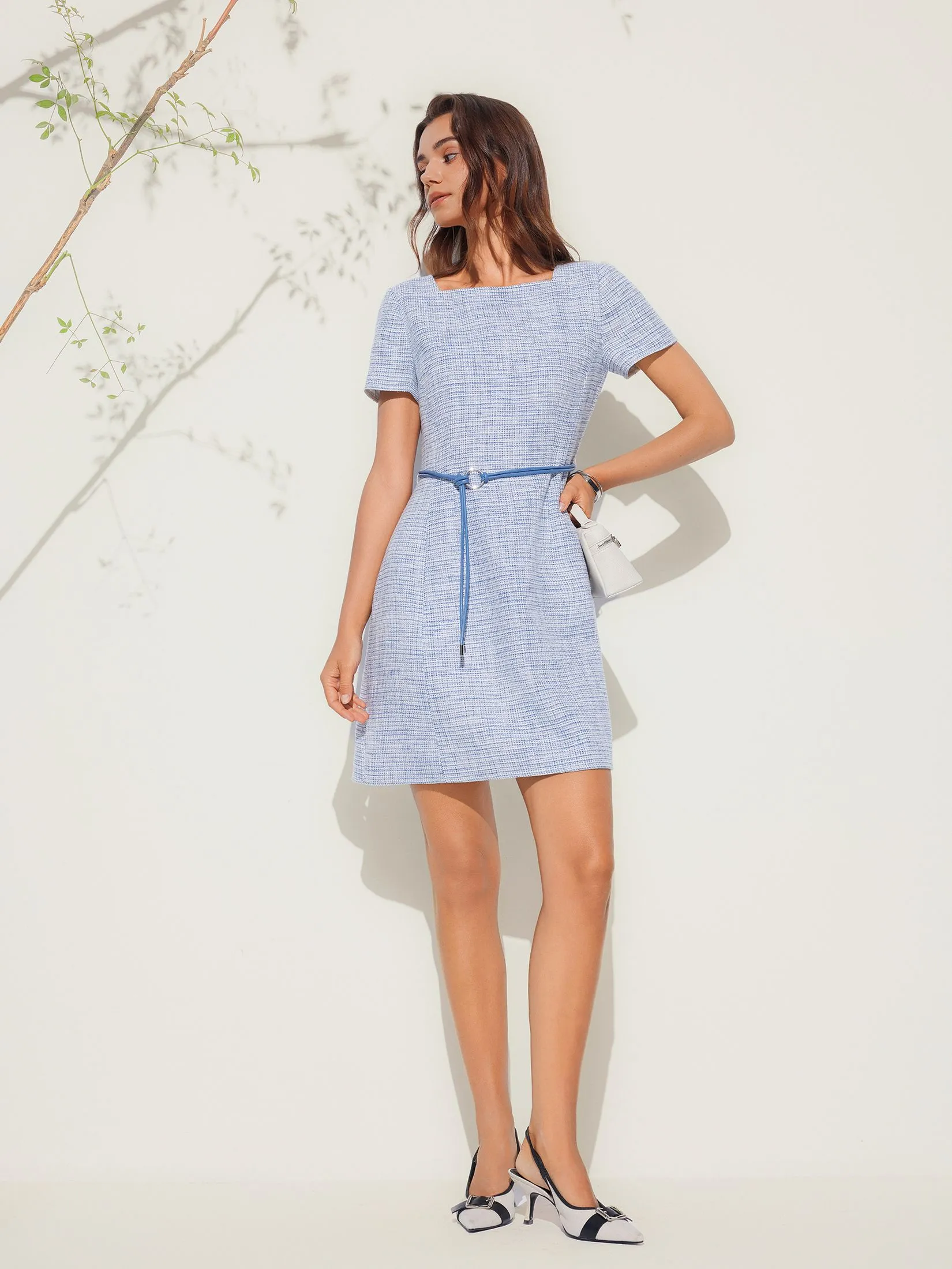 G2000 Women Clothing Square Boat Neck Tweed Dress With Belt Fit & Flare Shape - Blue