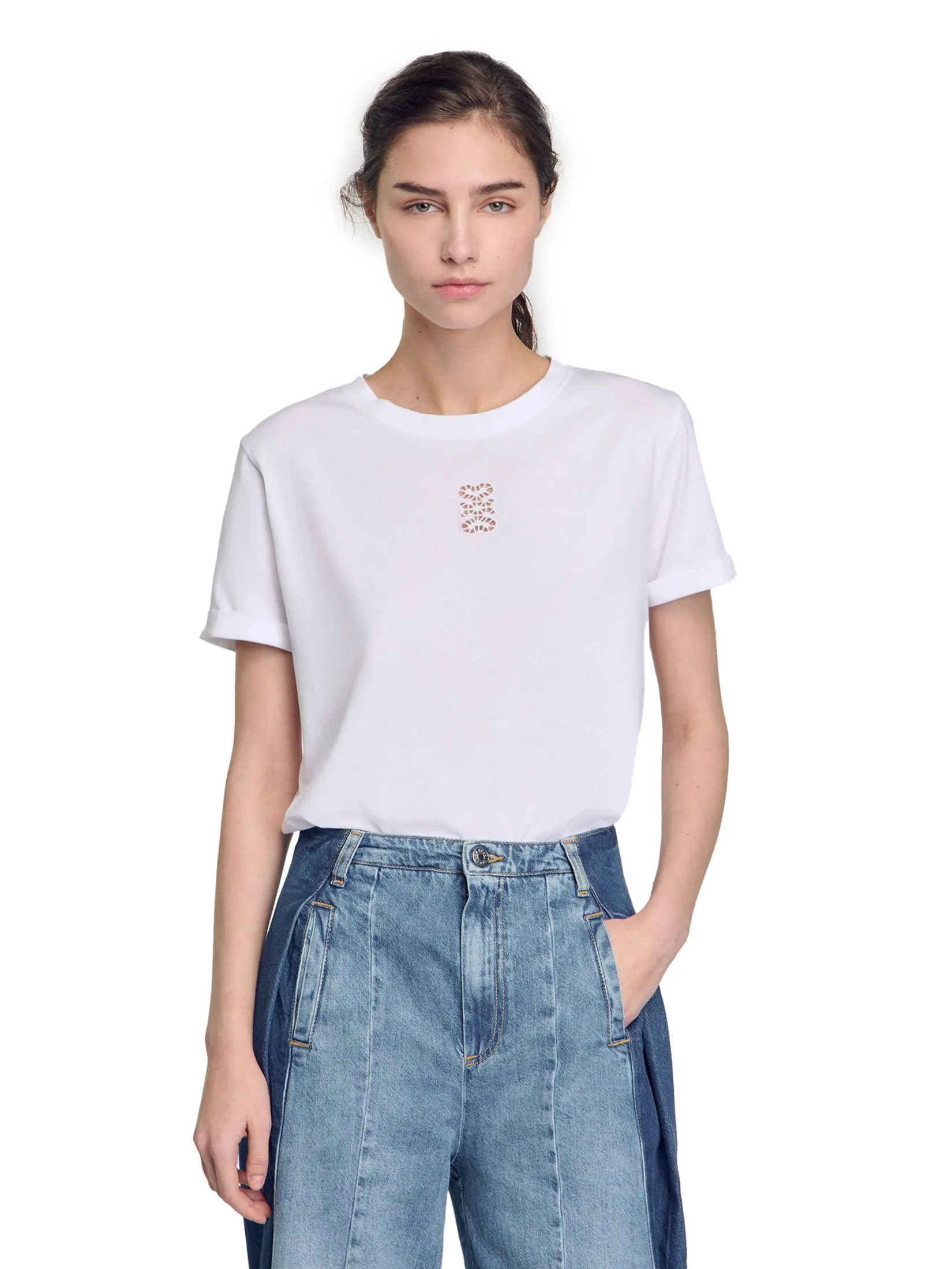 SANDRO Cotton T-Shirt with Embroidery