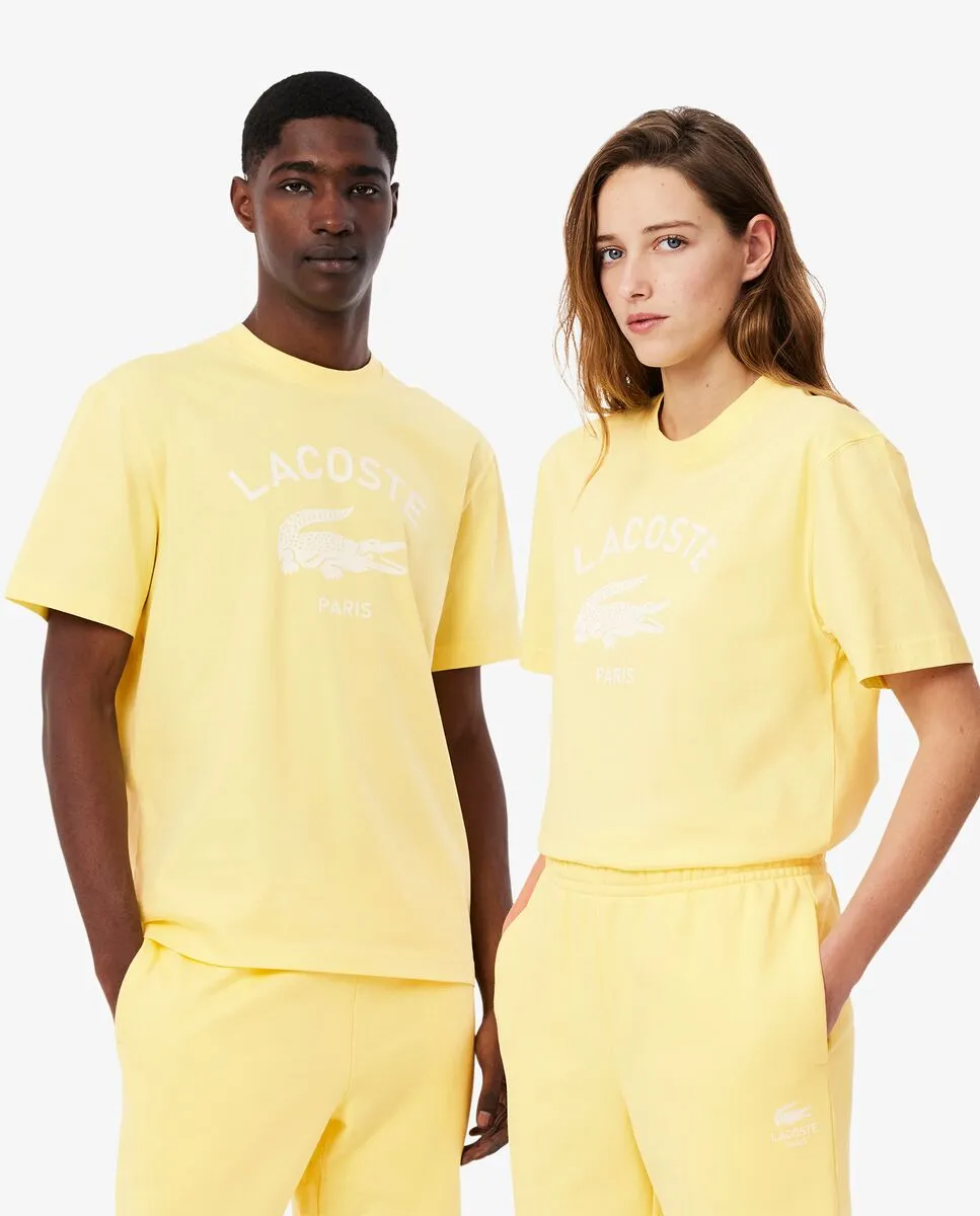 LACOSTE Signature Print Cotton T-Shirt Yellow