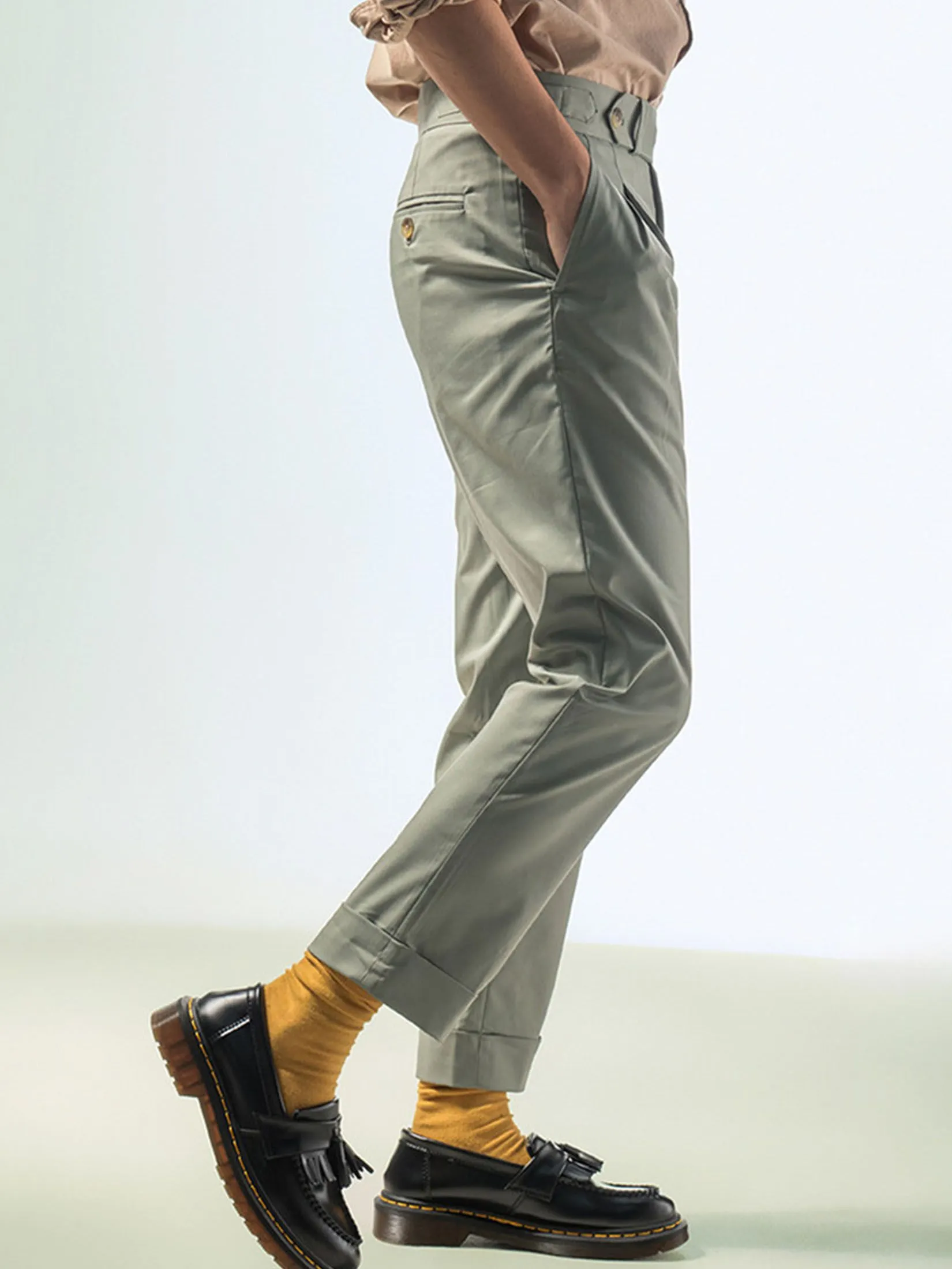 ERA-WON Men's Double belts trousers skinny crop fit Green