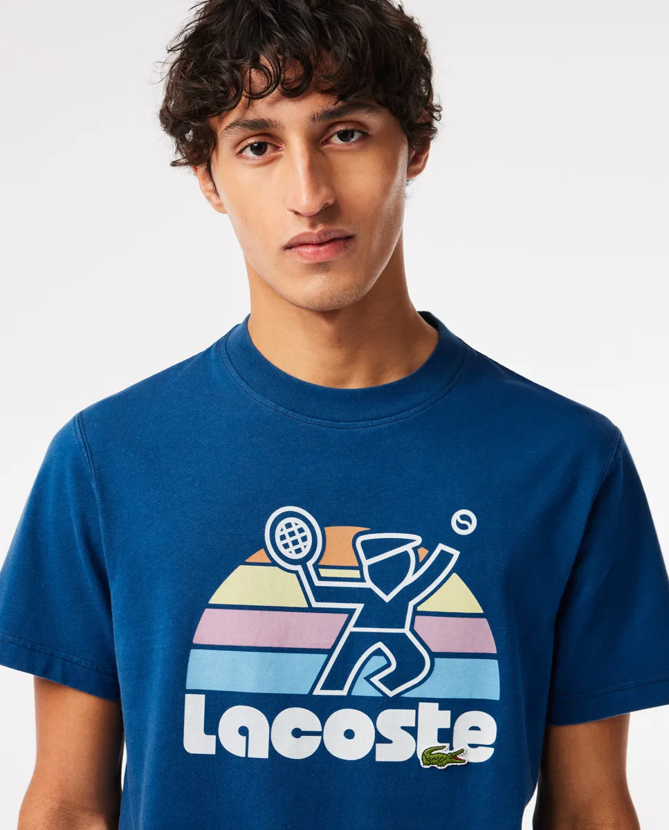 LACOSTE Washed Effect Tennis Print T-Shirt Blue
