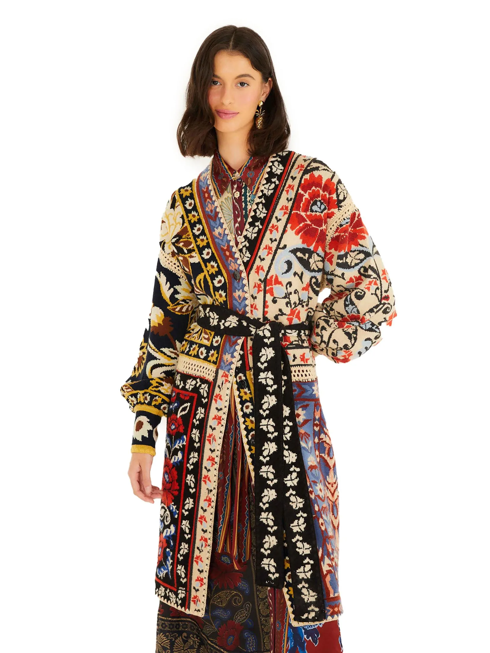 FARM RIO Women Midi Cardigan Mixed Flower Print Patchwork Knit Multi-color