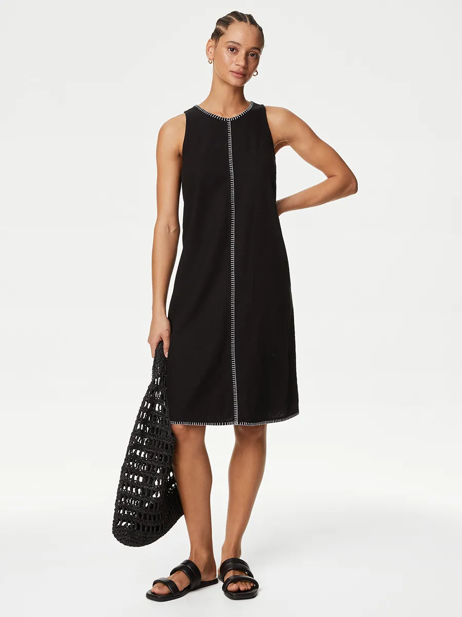 MARKS & SPENCER Women Dress Stitch Detail Shift Linen Rich Black