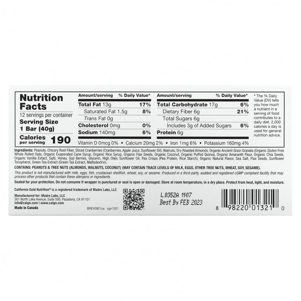 California Gold Nutrition, FOODS, батончики мюсли с клюквой и миндалем, 12 шт. по 40 г (1,4 унции)