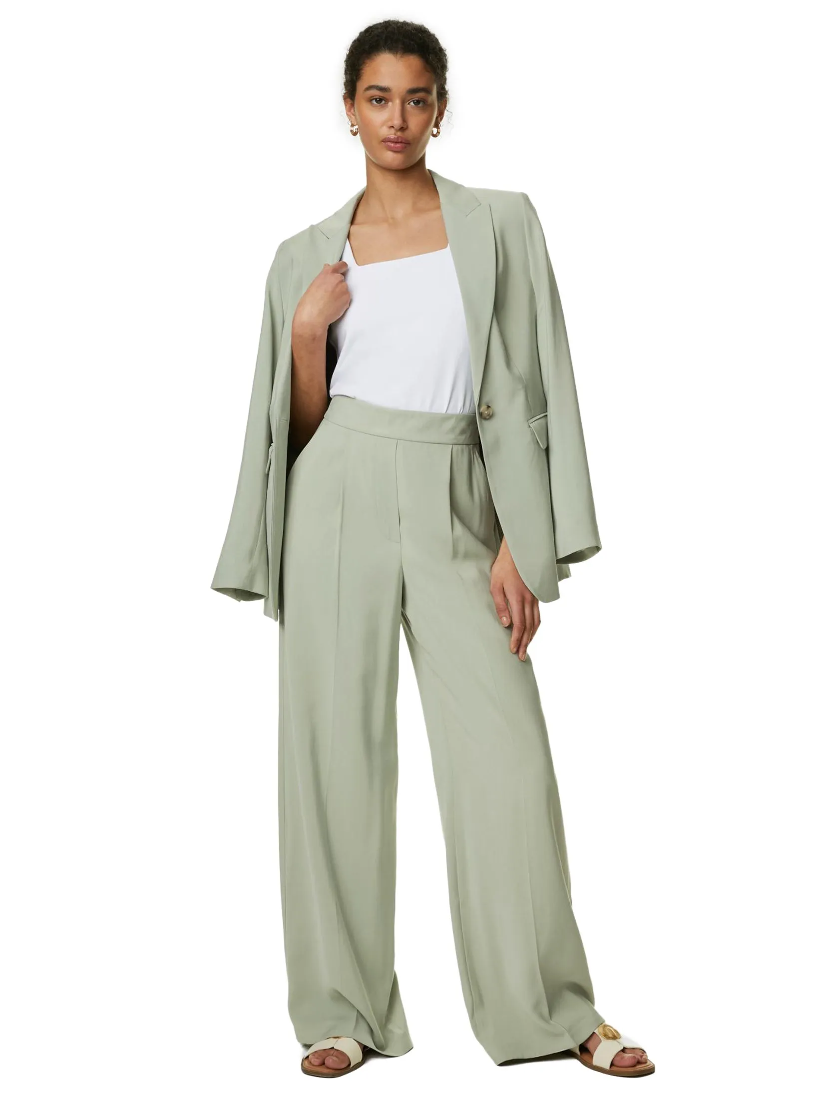 MARKS & SPENCER Women Wide Leg Trousers Pleat Front Soft Green