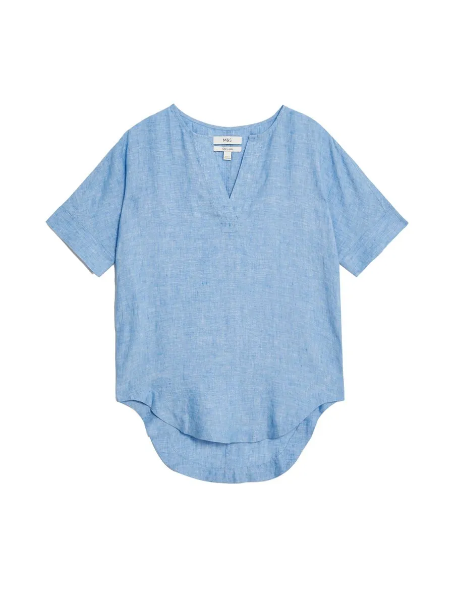 MARKS & SPENCER Women Blouse V-Neck Popover Pure Linen Light Chambray
