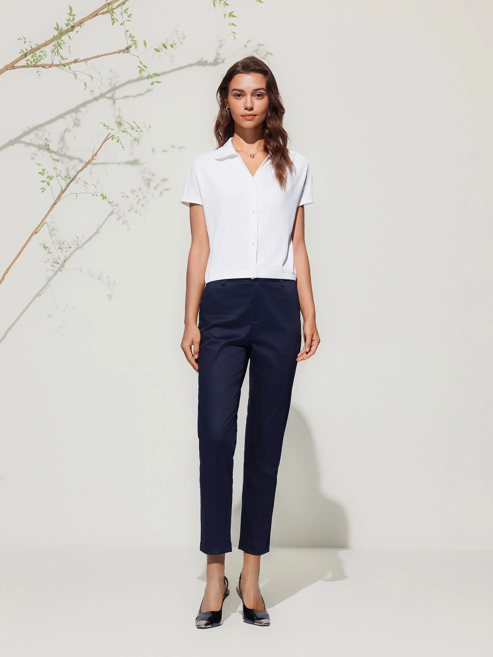 G2000 Women Clothing Cotton Blend Cropped Cigarette Casual Pants  Cropped Cigarette Shape - Navy