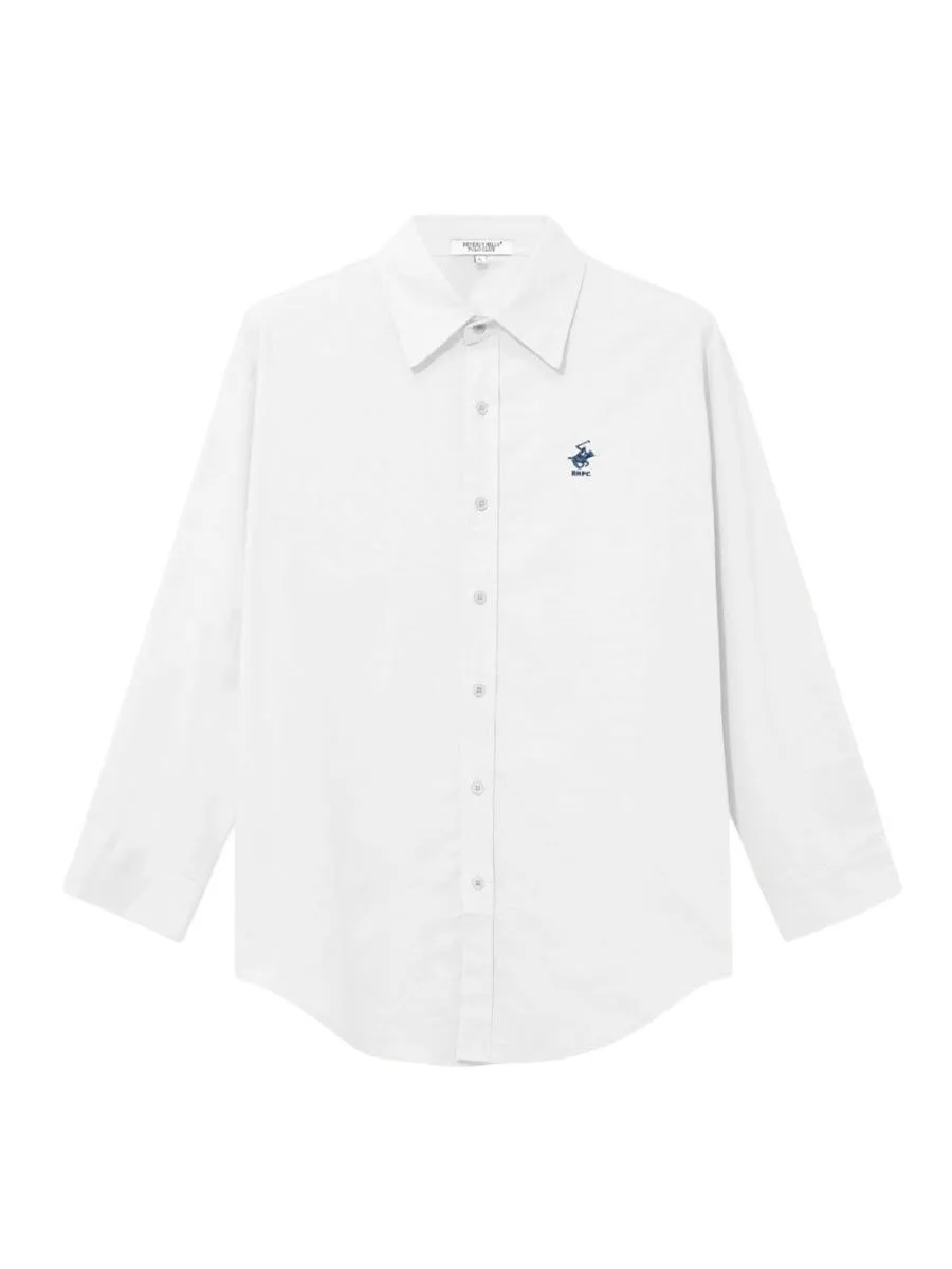 BEVERLY HILLS POLO CLUB Women Cotton Linen Relax Fit Shirt Long Sleeve, White
