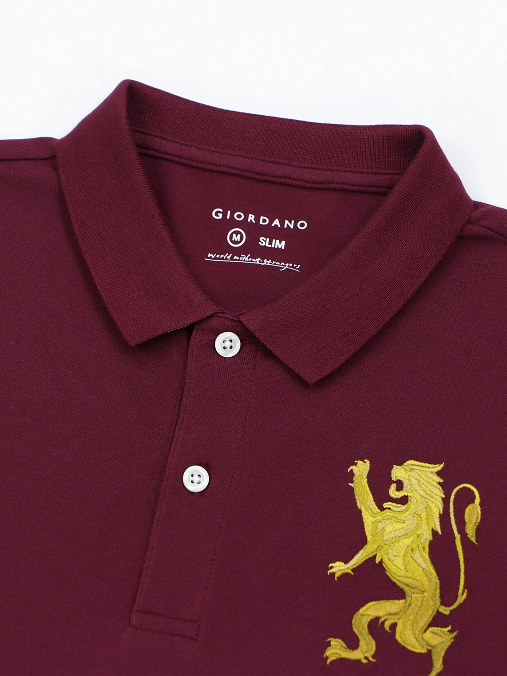 GIORDANO Men's Lycra Pique Embroidery Polo (3D Lion) Burgundy red