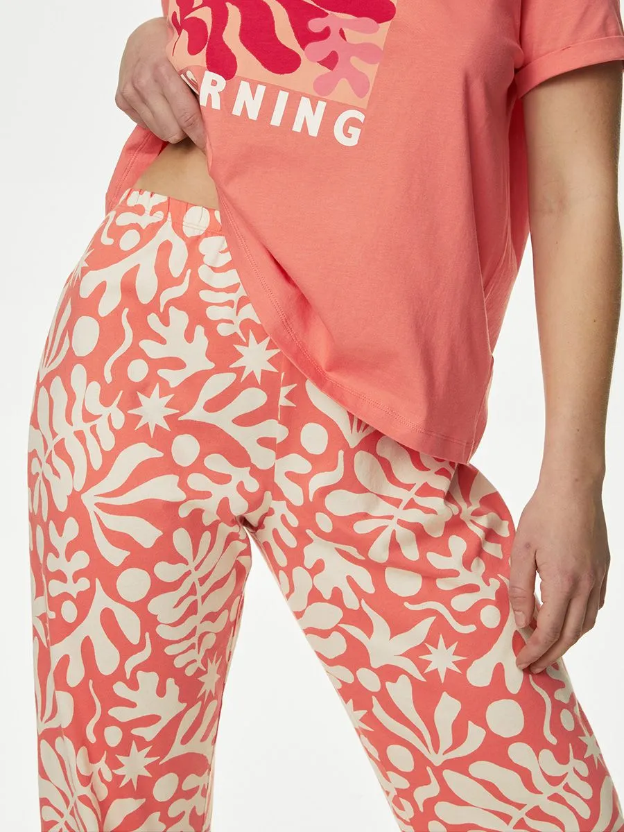 MARKS & SPENCER Women Pyjama Set Pure Cotton Good Morning Printed Coral