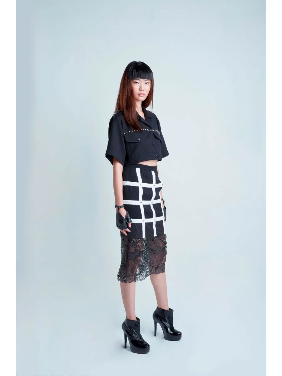 SENADA WOMEN BLACK STUDDED SKIRT WITH SEQUIN LACE