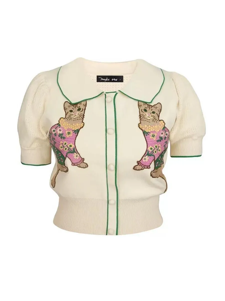 JUNGLE ME Women Cardigans Retro Cat Beige