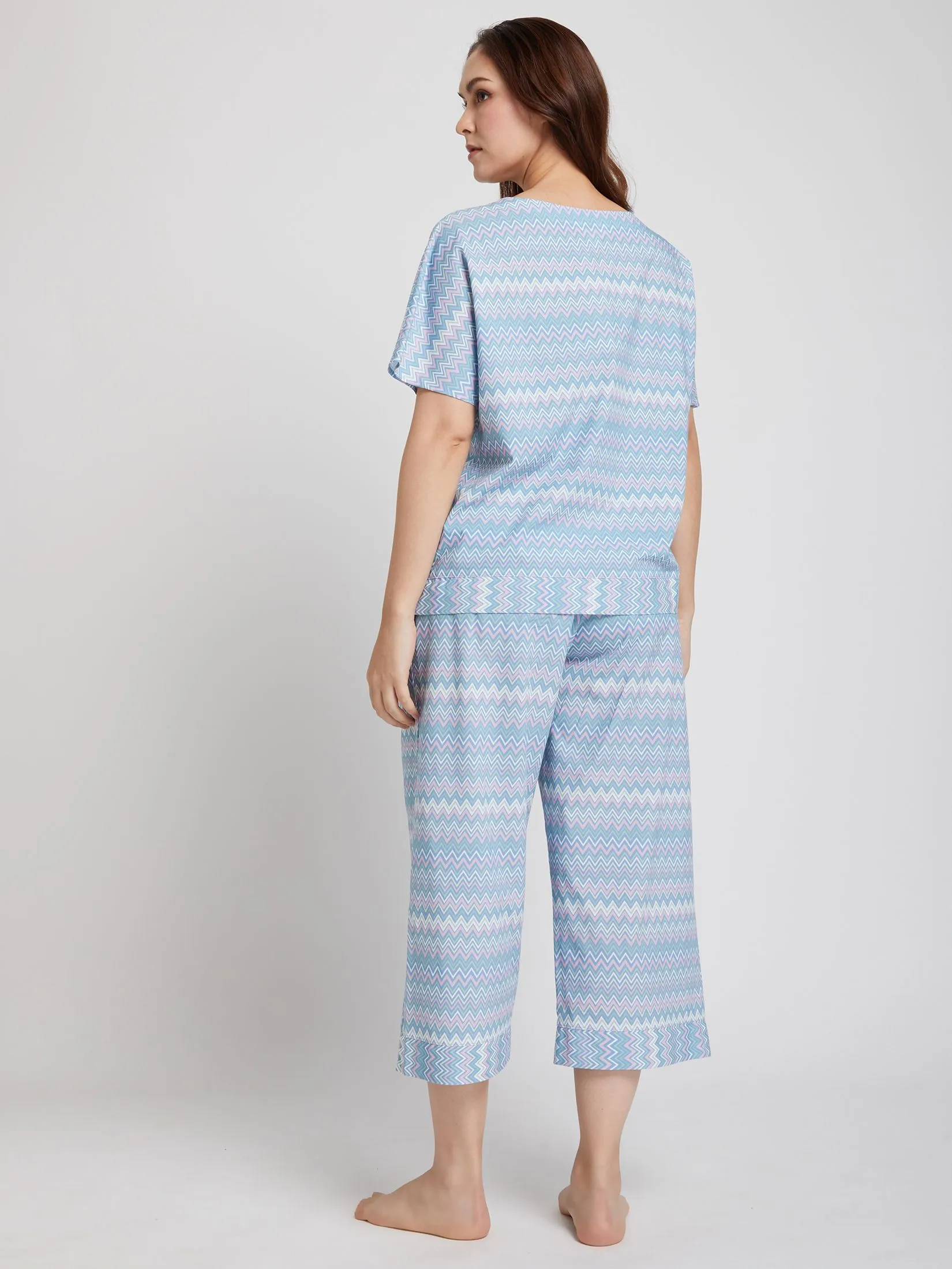 ELIZABETH Women Pyjamas T-Shirt Short Sleeves Round Neck + Cropped Pants Stripe Print Multi-Color