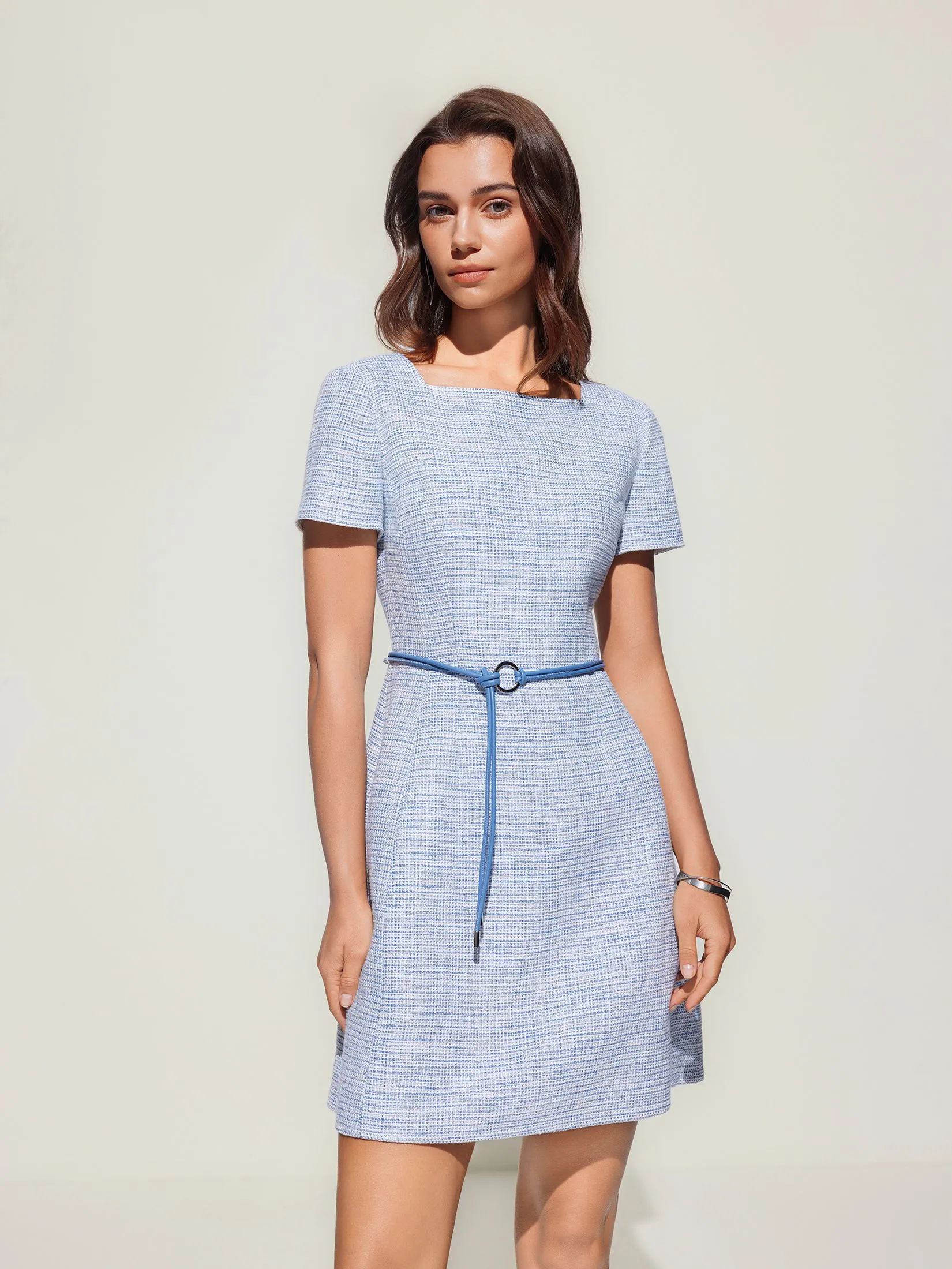 G2000 Women Clothing Square Boat Neck Tweed Dress With Belt Fit & Flare Shape - Blue