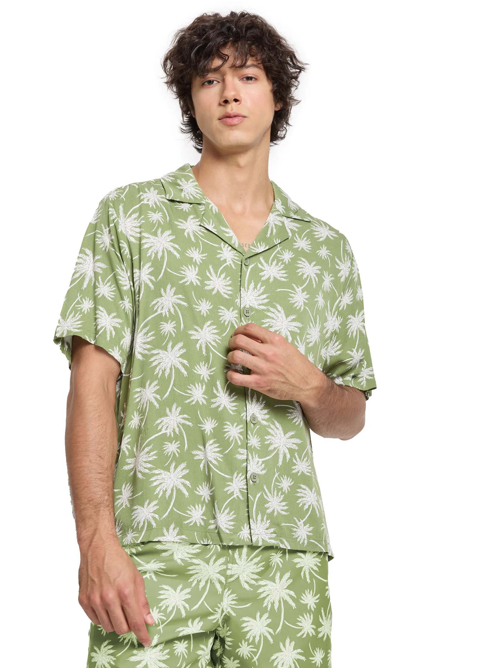 DEFRY 01 Men Shirt Short Sleeves Hawaiian Style Green
