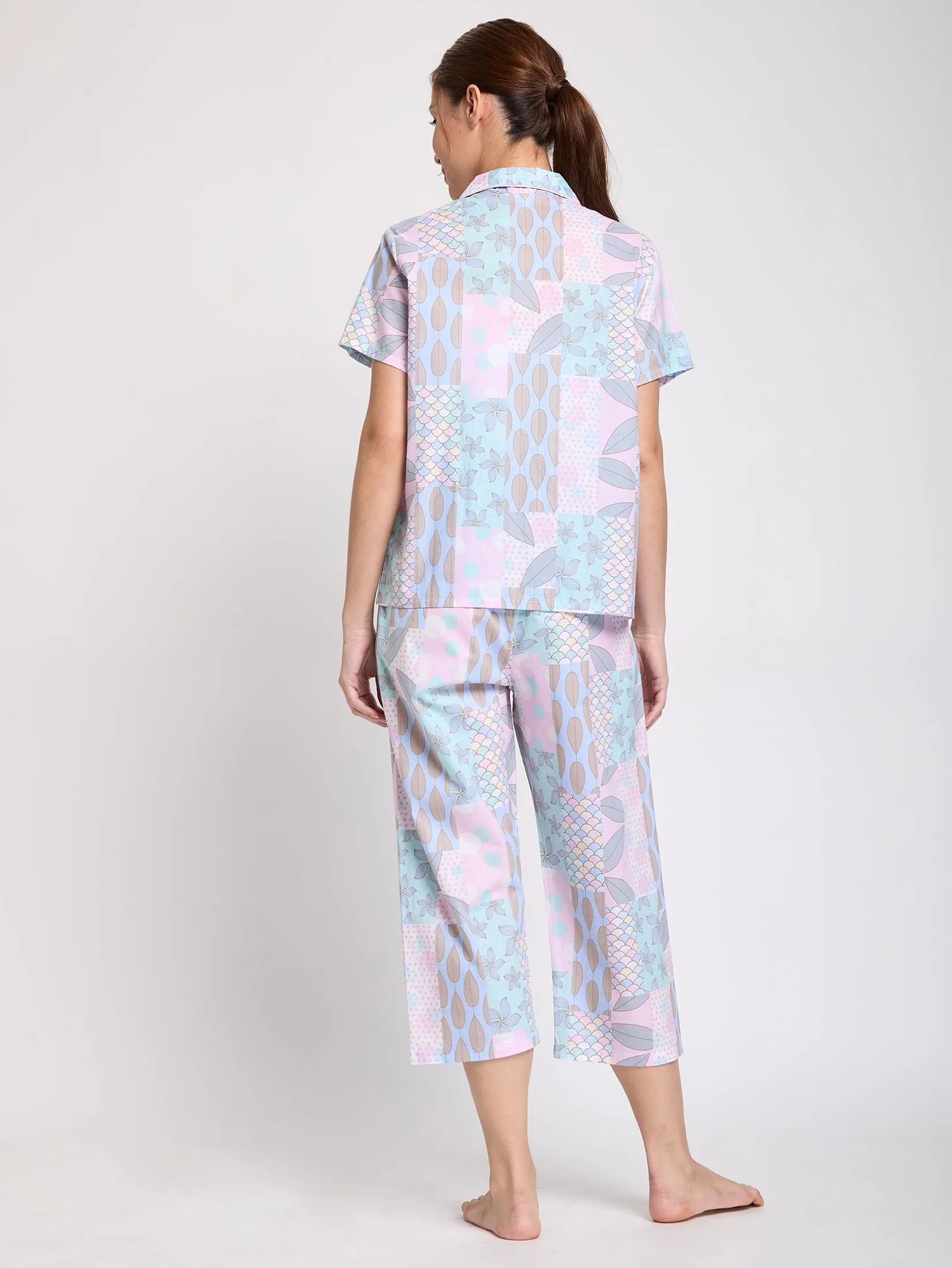 CLAUDIA'S ROMANCE Women Pajamas Set Hawaiian Shirt Short Sleeves + 5-Part Pants Pink