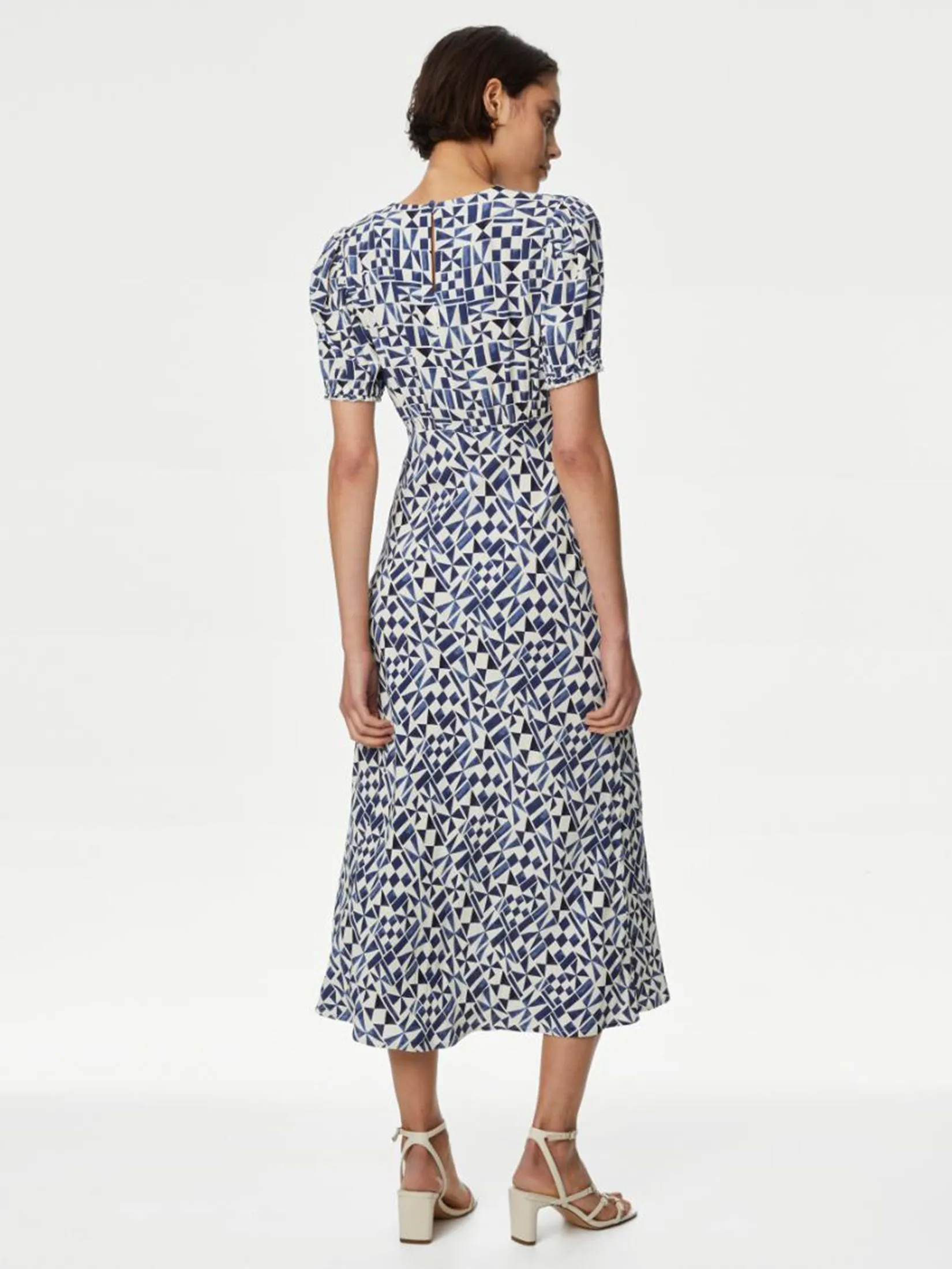 MARKS & SPENCER Women Midaxi Tea Dress Geometric Round Neck Navy Mix