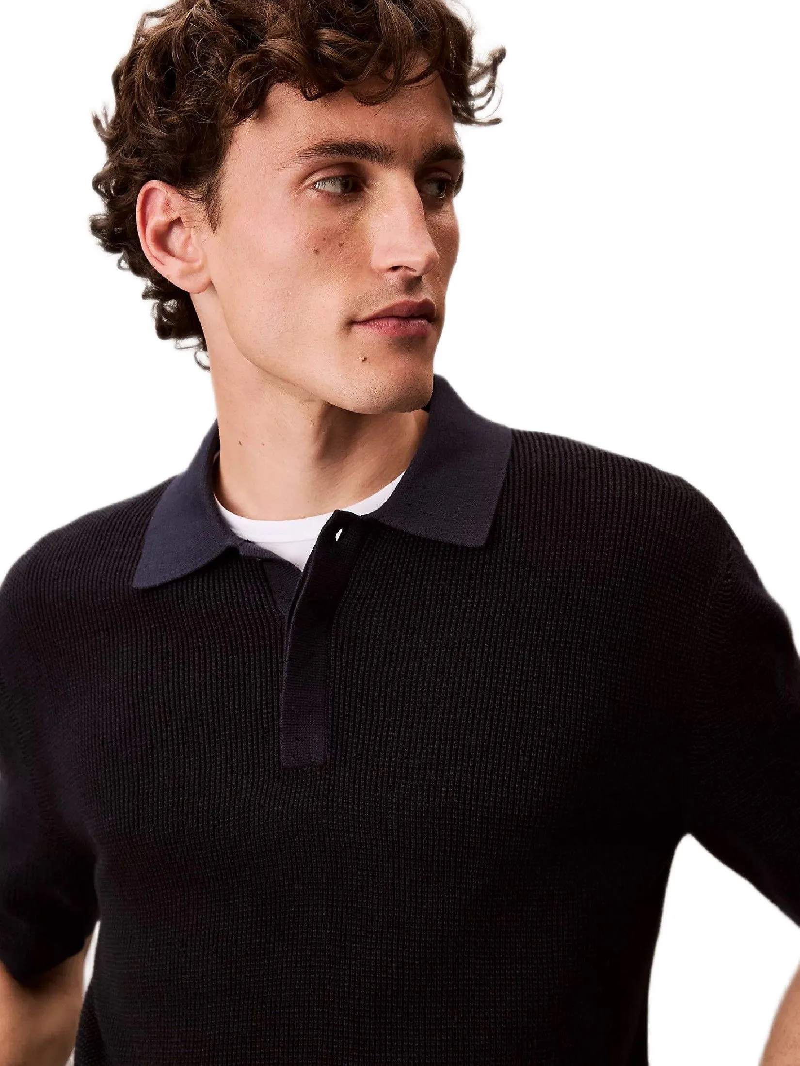 CALVIN KLEIN Men's Smooth Cotton Waffle Sweater Polo Shirt Black