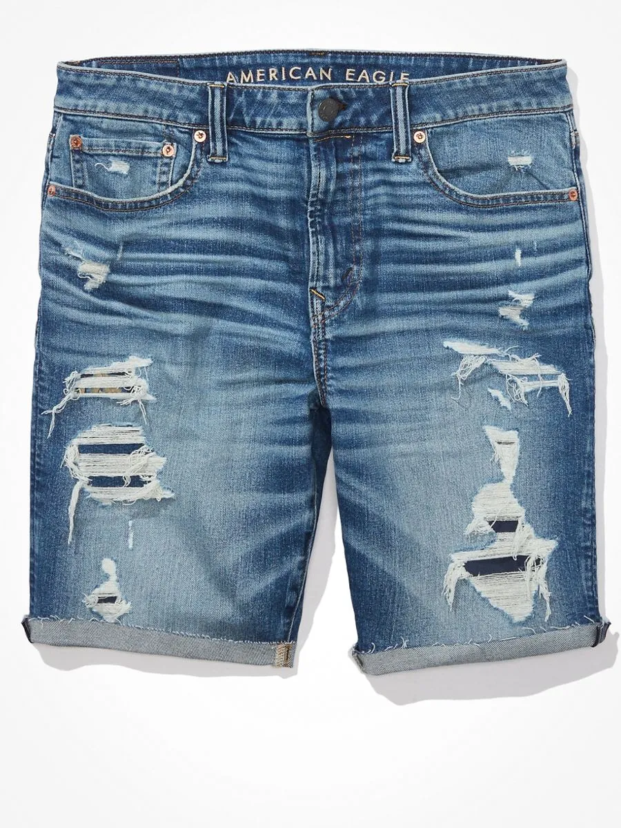 AMERICAN EAGLE MEDIUM DESTROY W/ INDIGO PRINTED BACKING DENIM CUTOFF SHORT - CUT & CUFF 826 MEDIUM DESTROY
