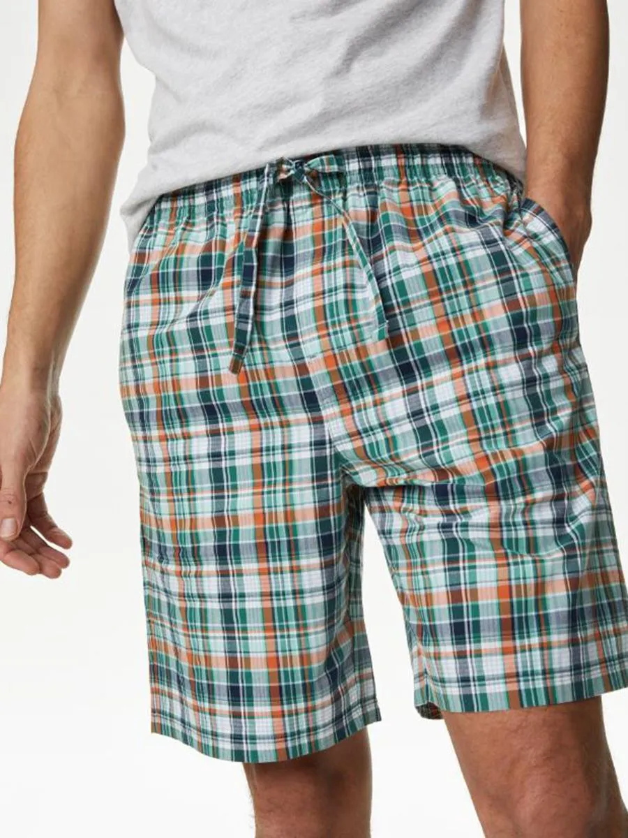 MARKS & SPENCER Men Pyjama T-Shirt + Shorts Set Pure Cotton Checked T4_Grey Mix