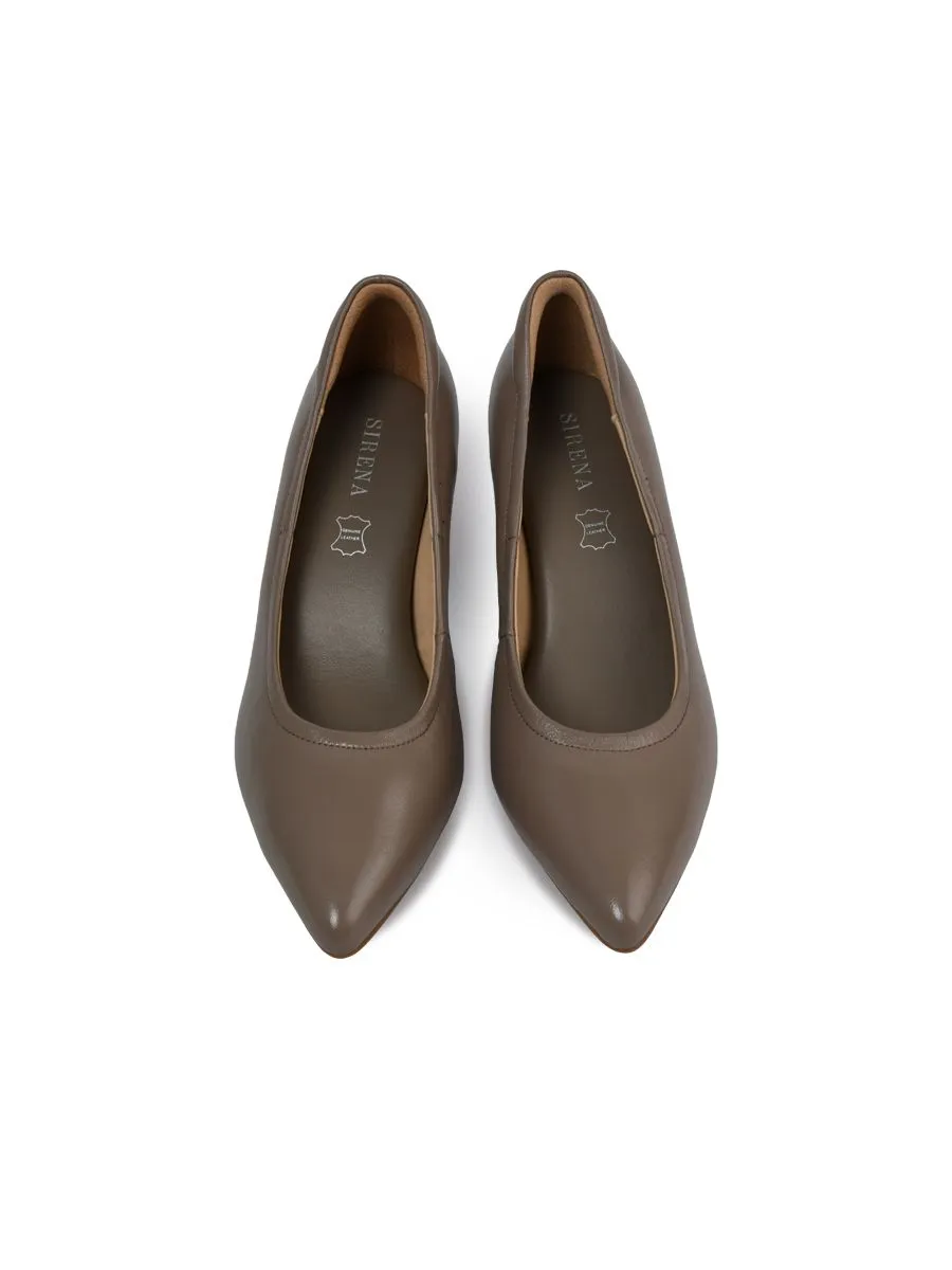 SIRENA Taupe Leather Court Shoes Pointed Toe Blocked Heel 2 inch Hera