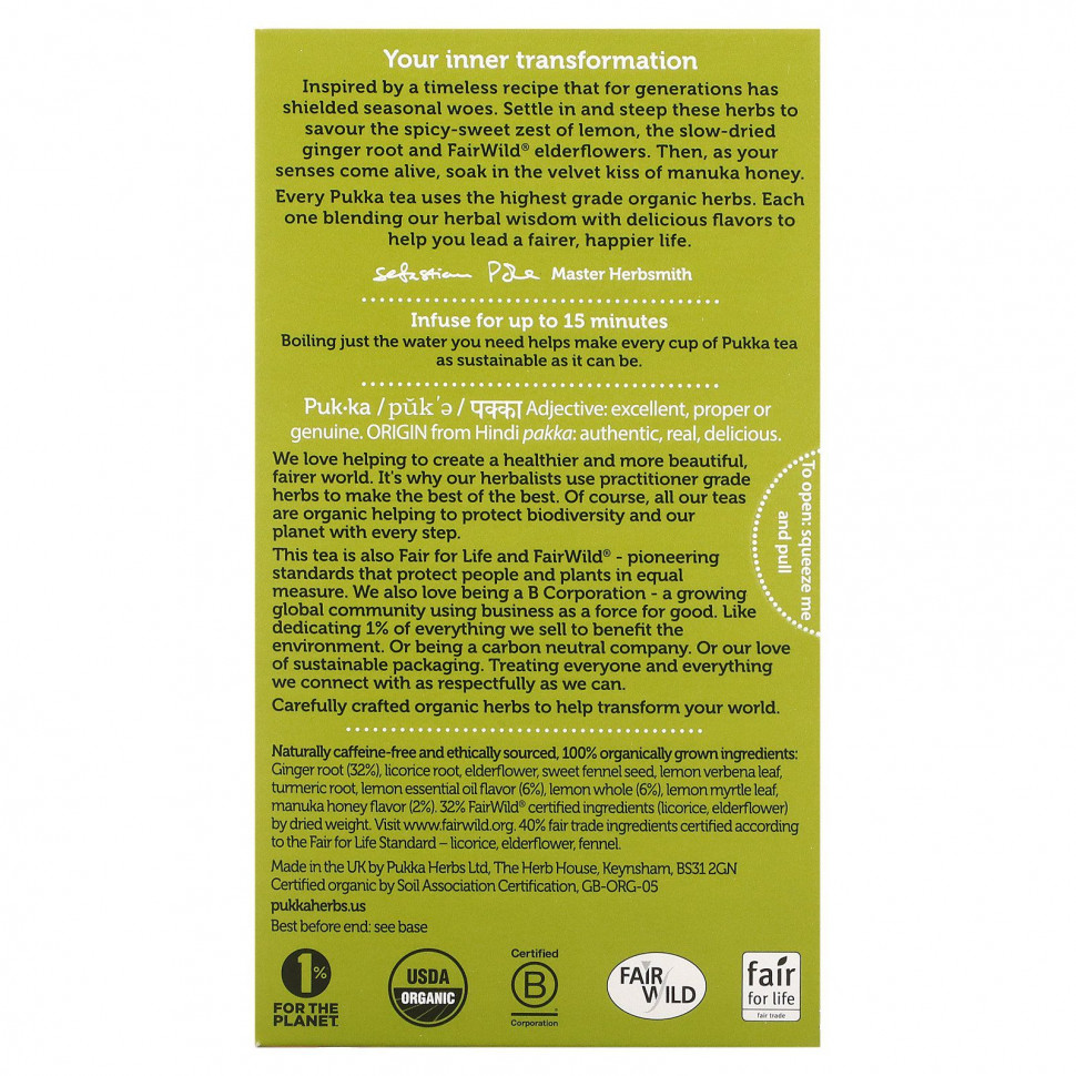 Pukka Herbs, Lemon Ginger & Munka Honey Tea, 20 Herbal Tea Sachets, 0.07 oz (2 g) Each