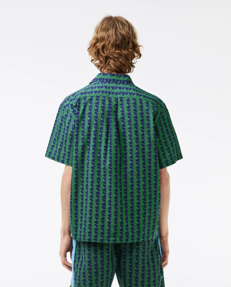 LACOSTE Short Sleeved Monogram Print Shirt Navy Blue/Green