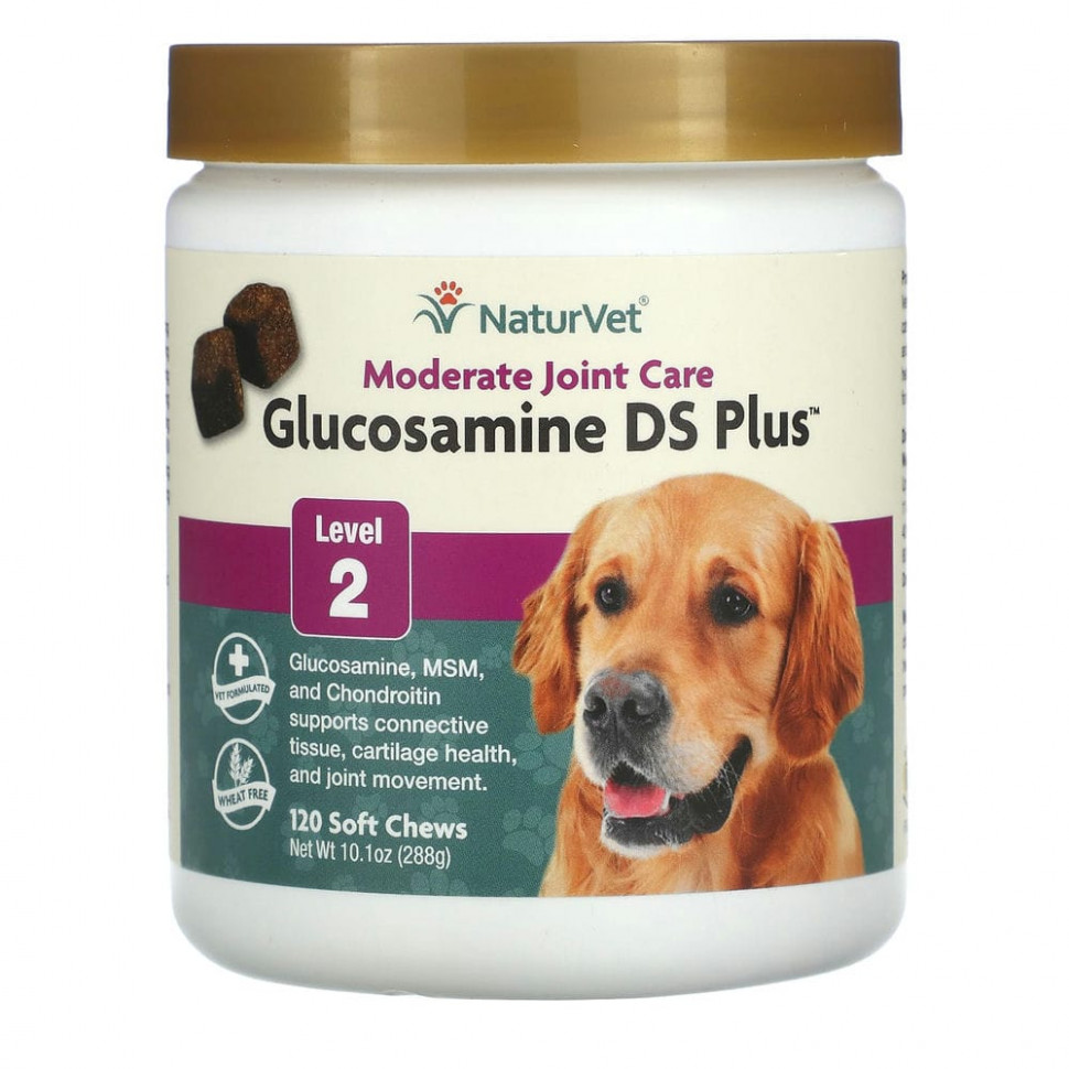 NaturVet, Glucosamine DS Plus, средний уровень поддержки, уровень 2, 120 мягких жевательных конфет, 10,1 унций (288 г) - VET-03578-120 шт.